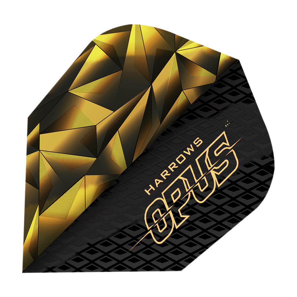 Harrow's Opus verze 1 Lety Dies ist ein Bild des Produkts "Harrows Opus Version 1 Flights". Das Flight-Design ist schwarz-golden mit geometrischen Mustern und dem Schriftzug "HARROWS OPUS".