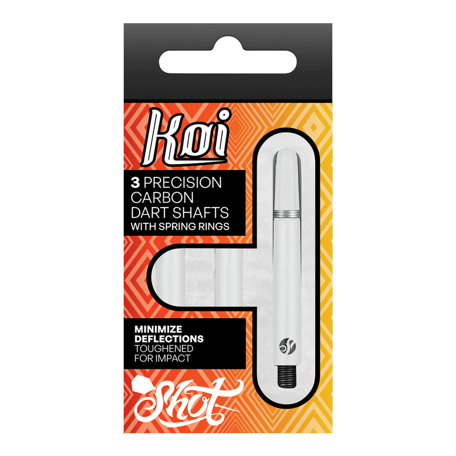 Karbonové násady Shot Koi - bílé Die Verpackung zeigt drei präzise Carbon-Dartschäfte mit Sprengringen der Marke Koi. Sie sind darauf ausgelegt, Ablenkungen zu minimieren und sind für hohe Schlagfestigkeit verstärkt.
