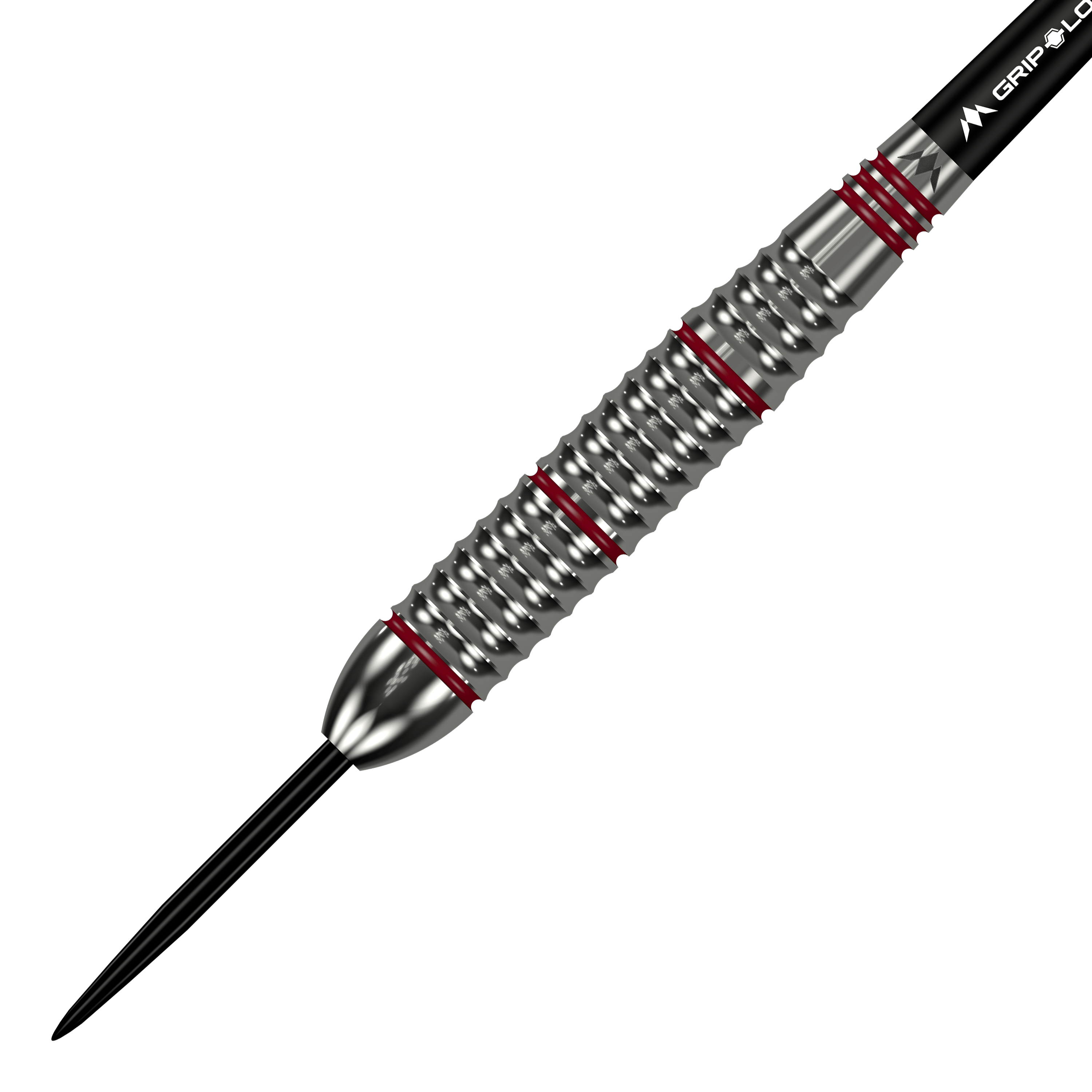 Šipky Mission Rogue Brass Steel - 22g Das Bild zeigt einen Mission Rogue Brass Steeldart mit einem Gewicht von 22 Gramm. Der Dartpfeil hat ein silbernes, geriffeltes Barrel mit roten Akzenten.