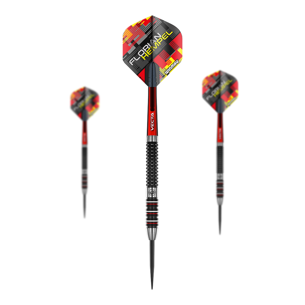 Ocelové šipky Winmau Florian Hempel Auf dem Bild sind drei Steeldarts mit schwarzer, roter und silberner Farbgebung zu sehen. Auf den Flights steht der Name "Florian Hempel" sowie das Logo von Winmau.
