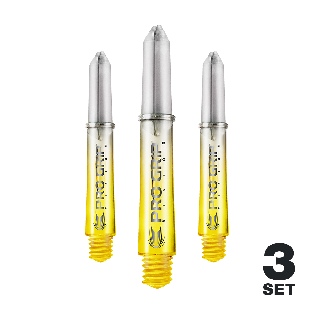 Násadky Target Pro Grip Vision - 3 sady - žluté Auf dem Bild sind drei gelbe Pro Grip Vision Shafts für Darts zu sehen. Unten rechts steht, dass es sich um ein 3er-Set handelt.