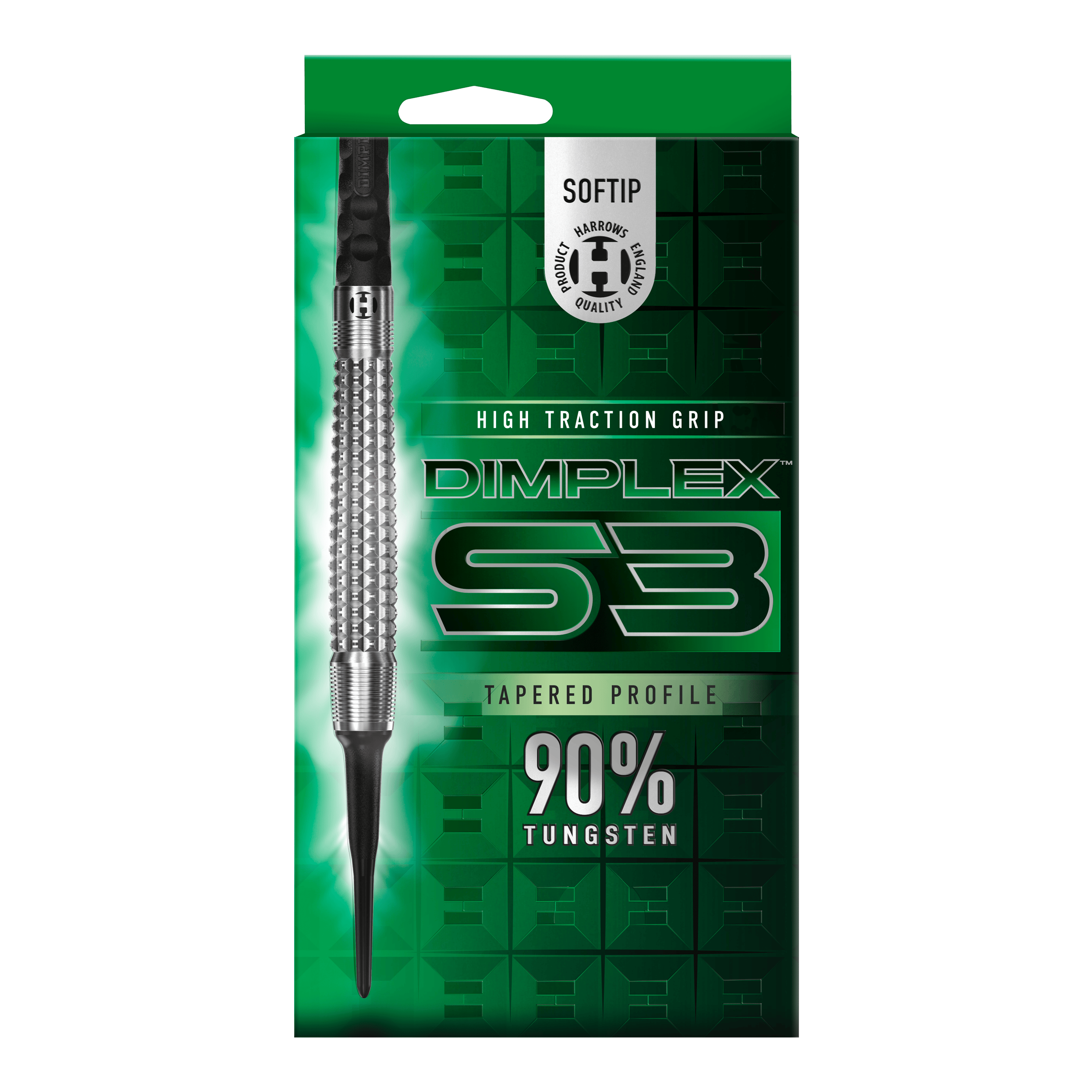 Šipky Harrows Dimplex S3 Tapered Soft Das Bild zeigt die Verpackung der "Harrows Dimplex S3 Tapered Softdarts". Auf der Packung steht, dass die Darts einen hohen Grip und einen 90%igen Tungsten-Anteil haben.