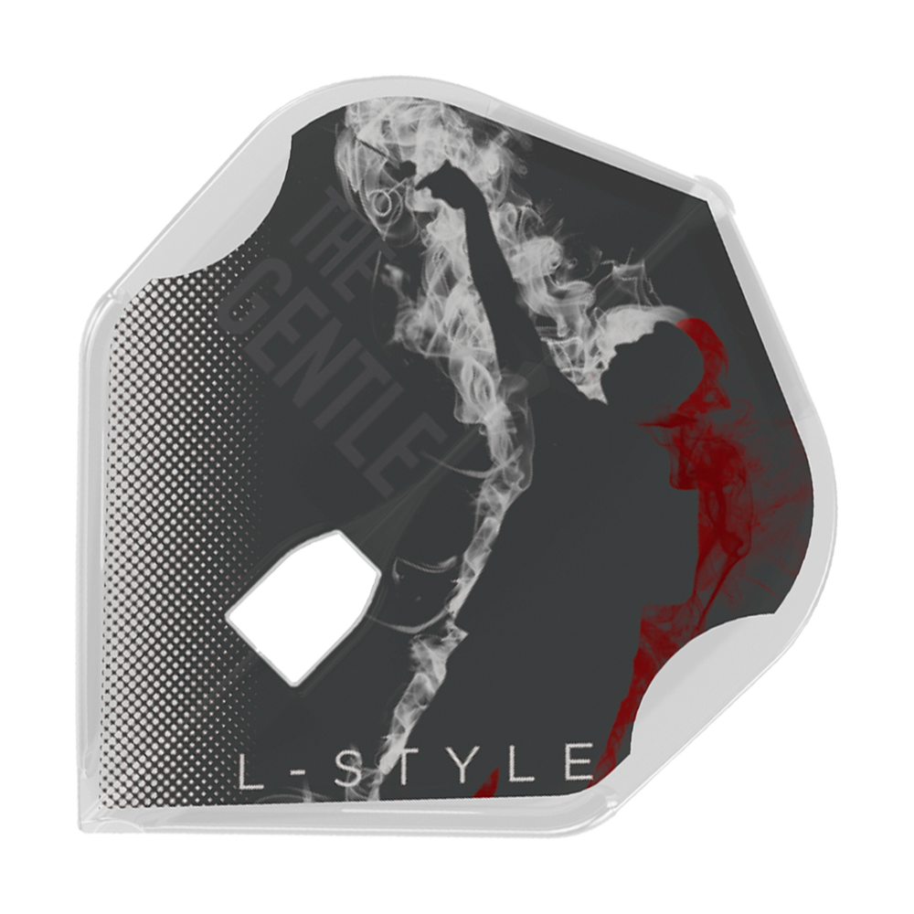 Das Bild zeigt das Produkt "L-Style Mensur Suljovic V1 TypeA L1PRO Flights". Auf dem Flight ist die Silhouette eines spielenden Dartsportlers mit Rauch- und Grafikeffekten abgebildet.