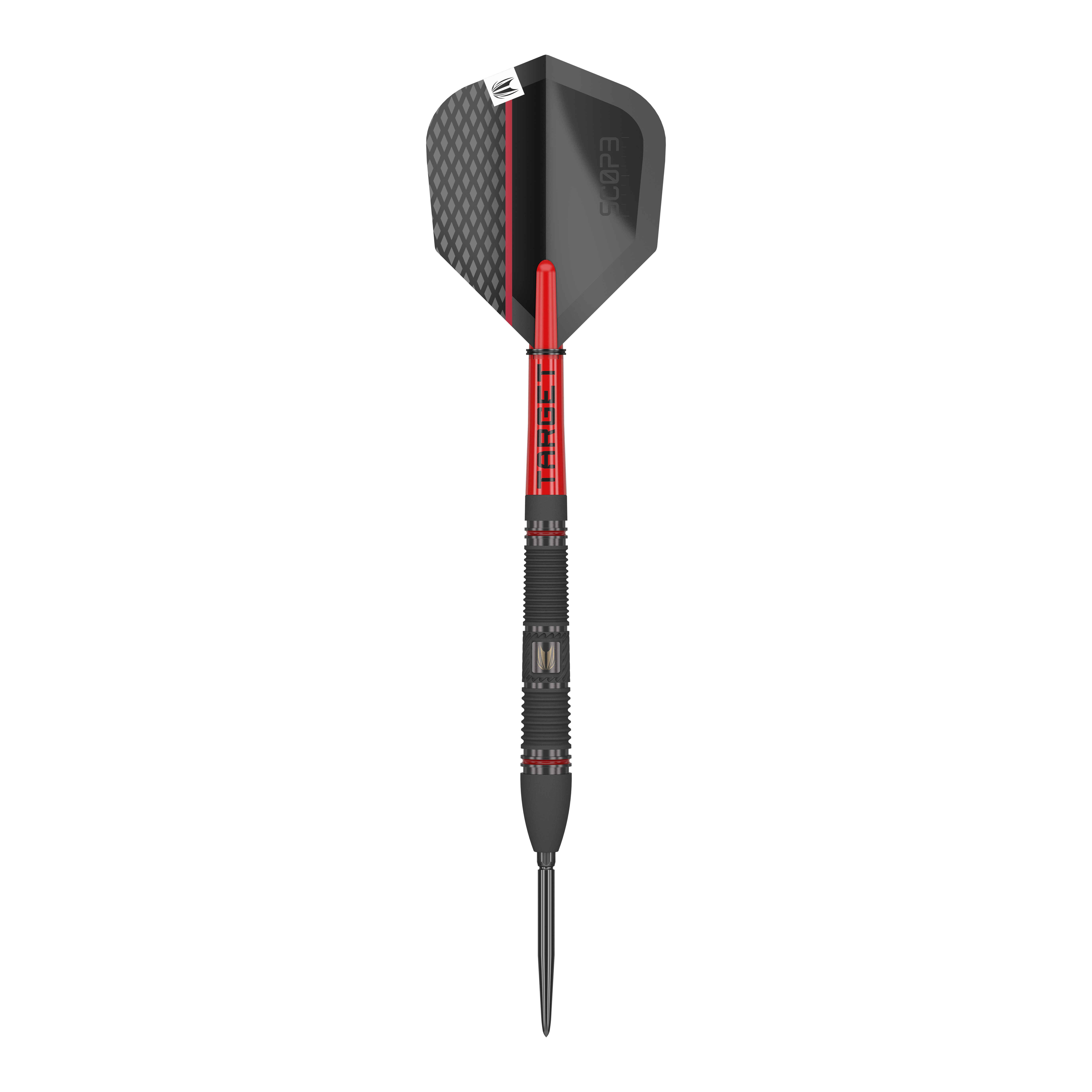 Ocelové šipky Target Scope 02 Swiss Point Das Bild zeigt einen Target Scope 02 Swiss Point Steeldart. Der Dart ist schwarz und rot gestaltet und hat eine strukturierte Spitze sowie ein modernes Flight-Design.