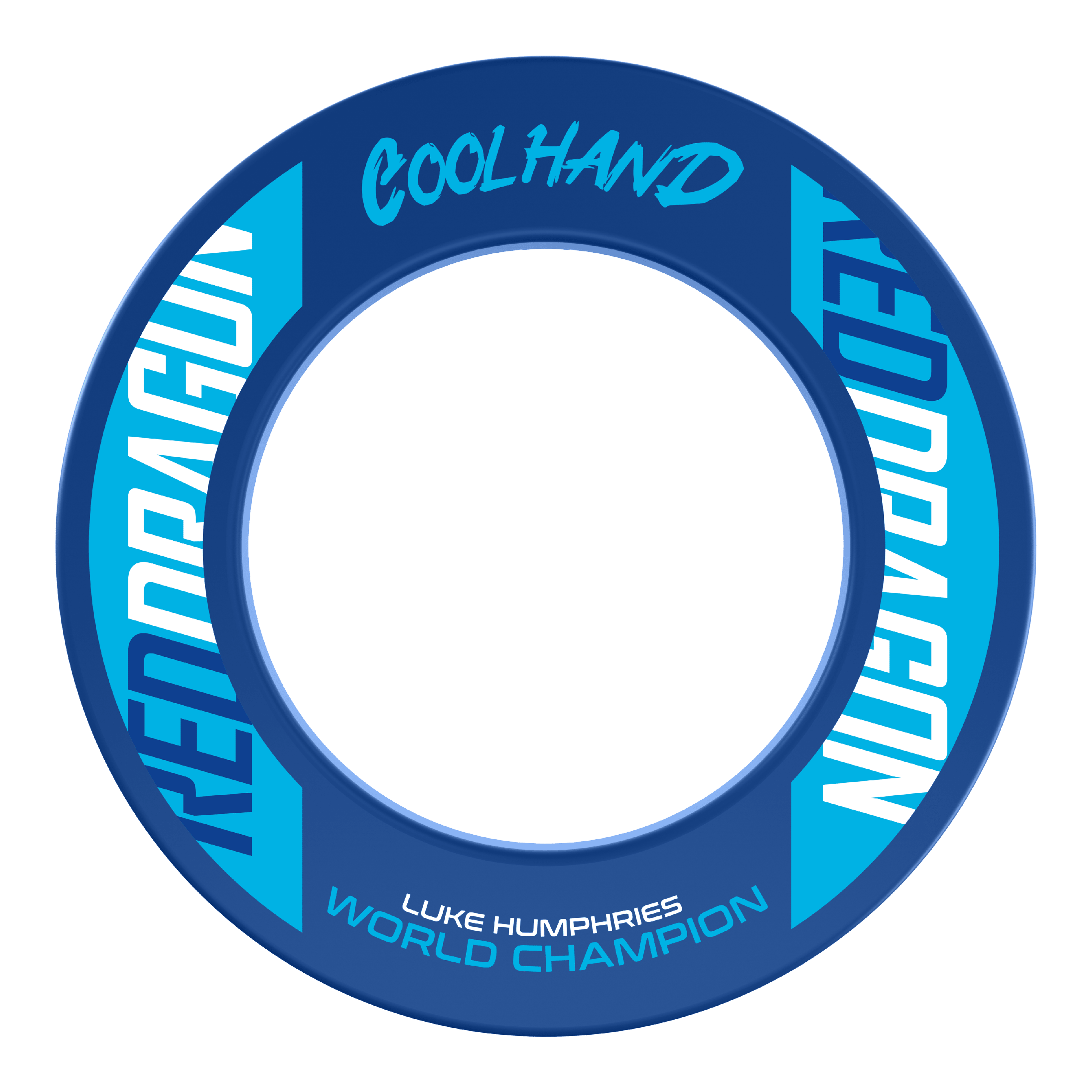 Obvod pro terč Red Dragon Luke Humphries, mistr světa Das Bild zeigt den "Red Dragon Luke Humphries World Champion Dartboard Surround" in Blau mit weißen und hellblauen Schriftzügen. Auf dem Produkt stehen die Wörter "Coolhand", "Red Dragon" und "Luke Humphries World Champion".