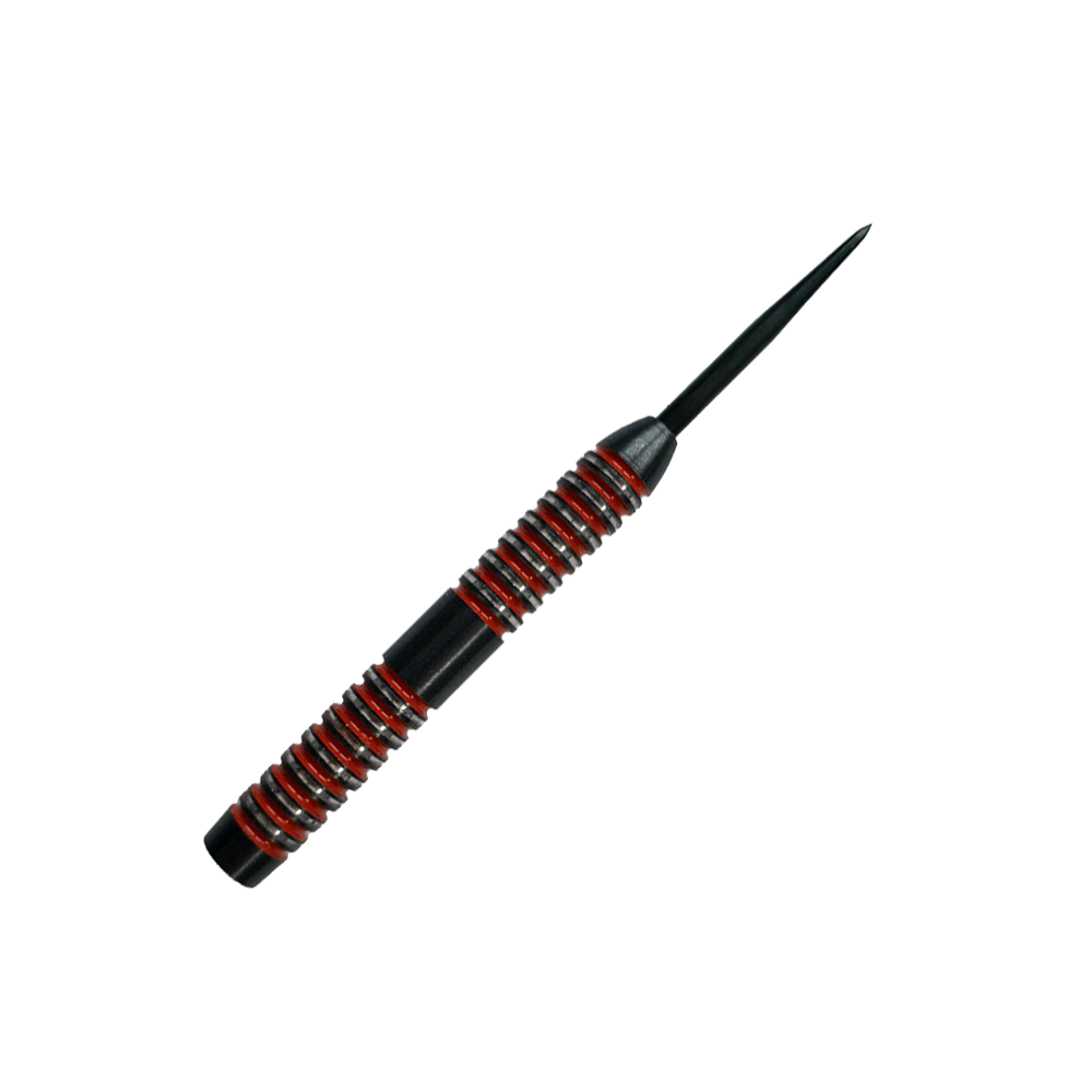 Sudy McDart Crimson Steeldart Das Bild zeigt einen McDart Crimson Steeldart Barrel. Der Barrel ist schwarz mit auffälligen roten Ringen und hat ein gerilltes Design für besseren Halt.