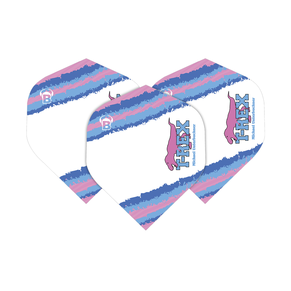 Das Bild zeigt drei Dart Flights der Marke "Bulls Metrixx Michael Unterbuchner No2 Standard Flights". Die Flights sind weiß mit blauen, rosa und lila Streifen sowie dem Aufdruck "HEX" und einem Stier-Logo.