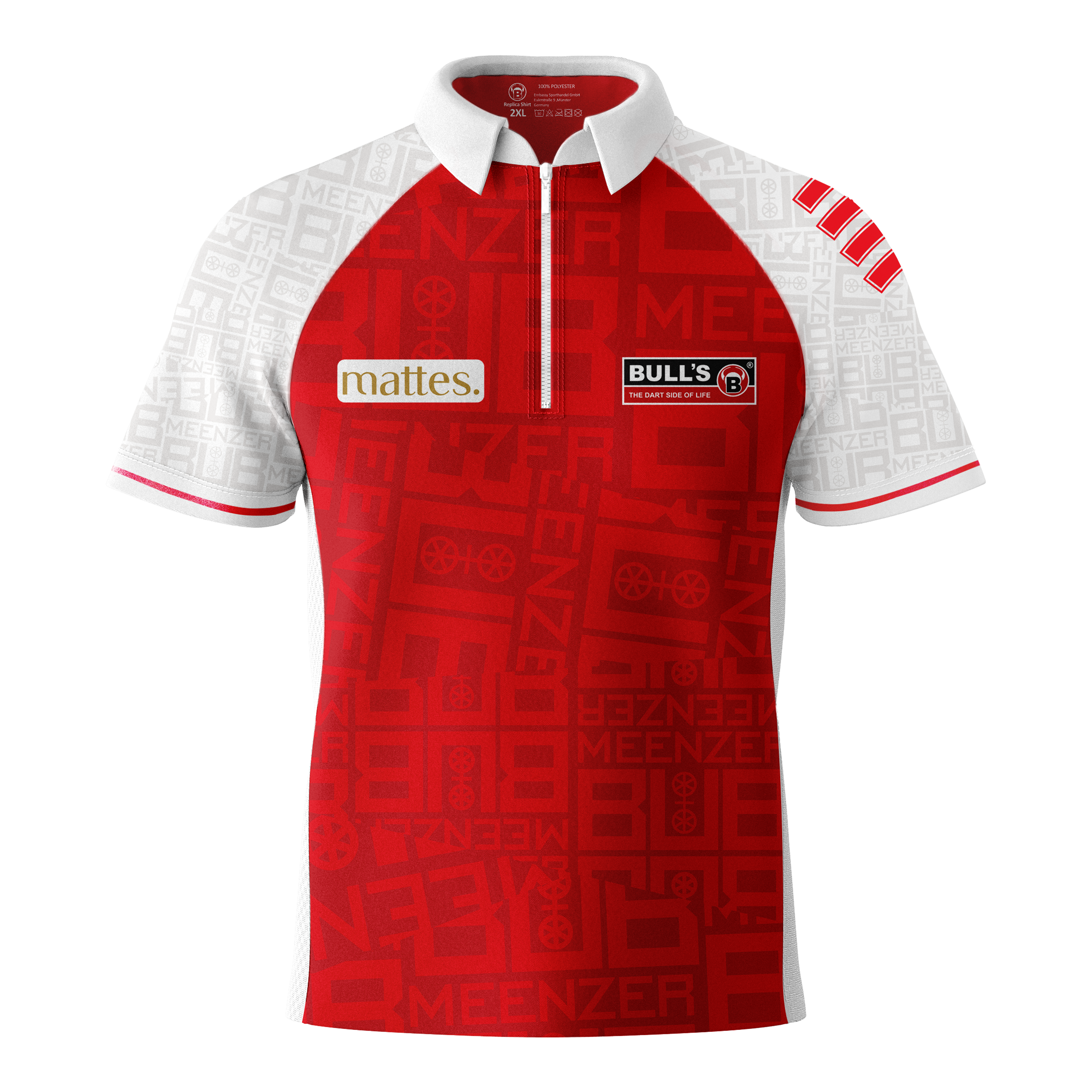 Tričko Bulls Niko Springer Meenzer Bub s potiskem Das Bild zeigt das Bulls Niko Springer Meenzer Bub Dartshirt. Das Shirt ist rot-weiß mit verschiedenen Logos auf der Vorderseite.