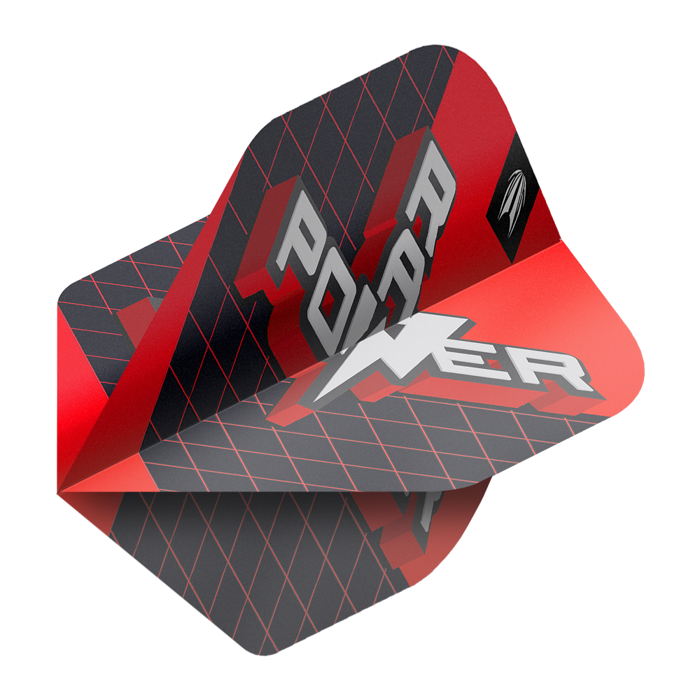 Dies ist ein Target Pro Ultra Phil Taylor Power 9Five GEN11 No2 Standard Dartflight. Das Design ist überwiegend schwarz und rot mit einem grafischen "POWER"-Schriftzug.
