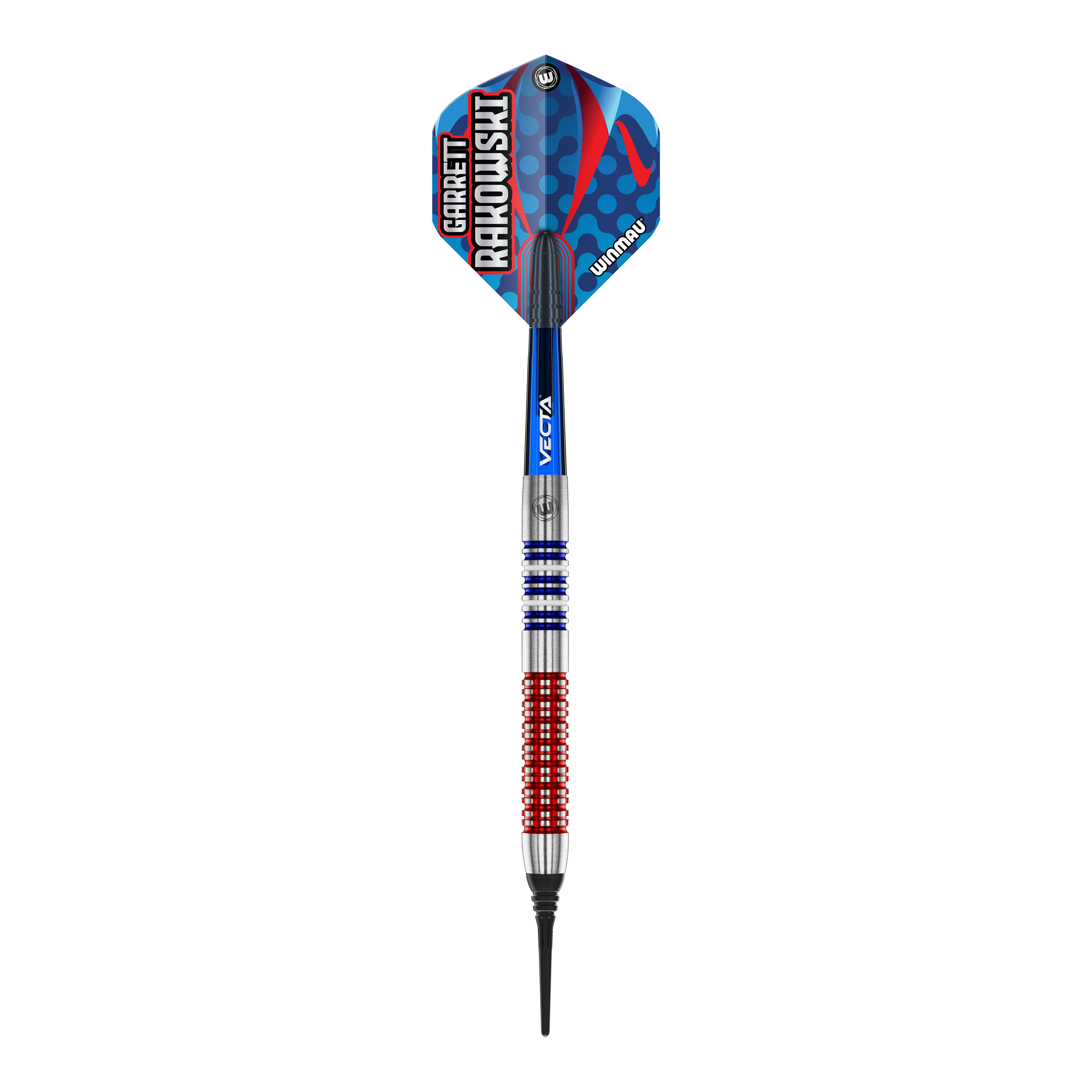 Winmau Garrett Rakowski měkké šipky - 20g Das Bild zeigt einen Winmau Garrett Rakowski Softdart mit einem Gewicht von 20g. Der Dart hat ein farbenfrohes, modernes Design mit blauen, roten und silbernen Elementen.