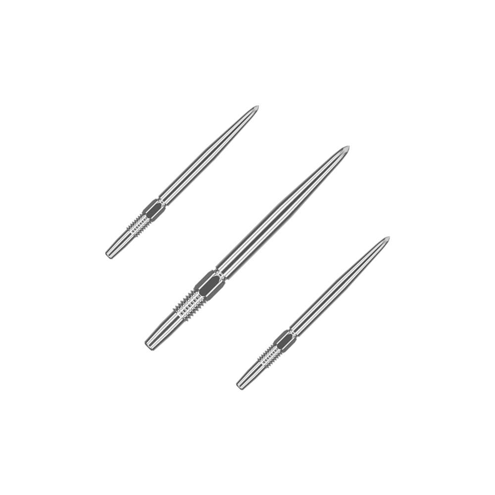 Zaměřte hroty šipek Swiss Point Silver Das Bild zeigt drei silberne Dartspitzen, die nebeneinander liegen. Sie sind lang und schmal mit gerillten Griffbereichen.