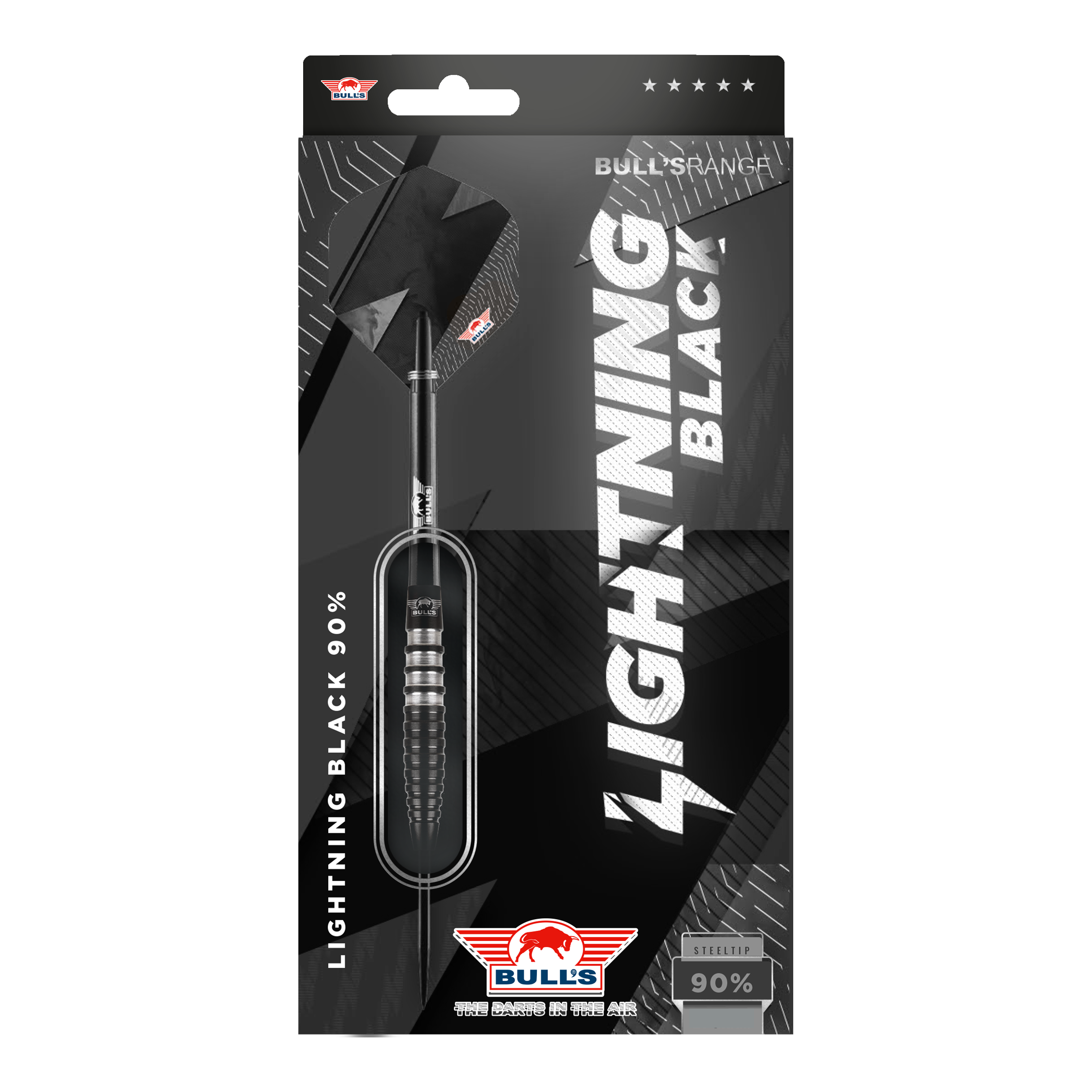 Šipky Bulls NL Lightning černé ocelové Das Bild zeigt die Verpackung der "Bulls NL Lightning Black Steeldarts". Die Darts haben ein schwarzes Design und bestehen zu 90% aus Tungsten.