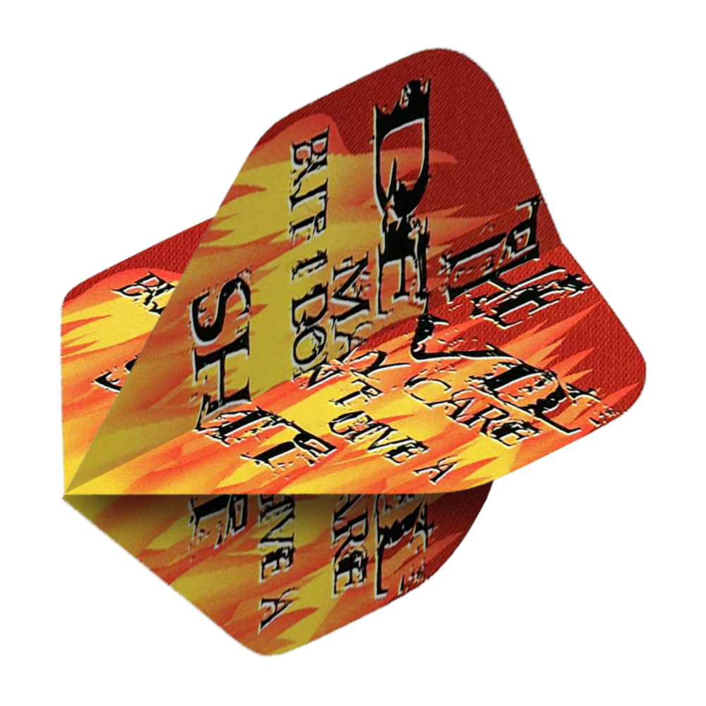 Lety do pětiboje Ďábel se může starat Das Bild zeigt ein Dart-Flight namens "Pentathlon The Devil May Care No2 Standard Flights". Das Design ist in Rot und Gelb gehalten und zeigt auffällige Schriftzüge sowie Flammenmotive.