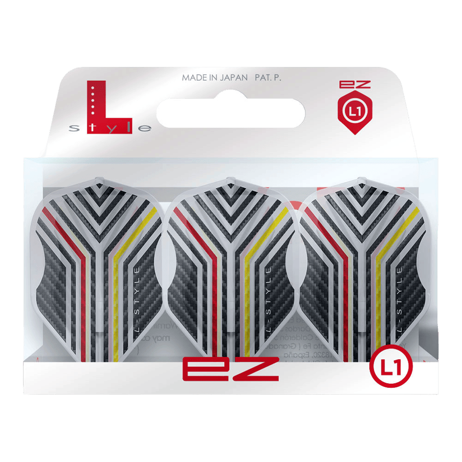 Letky L-Style Arno Merk V1 Clear White L1EZ L-Style Arno Merk V1 Clear White L1EZ Flights werden als Set mit transparentem Design gezeigt. Die spezielle Form und Farbe sind erkennbar.
