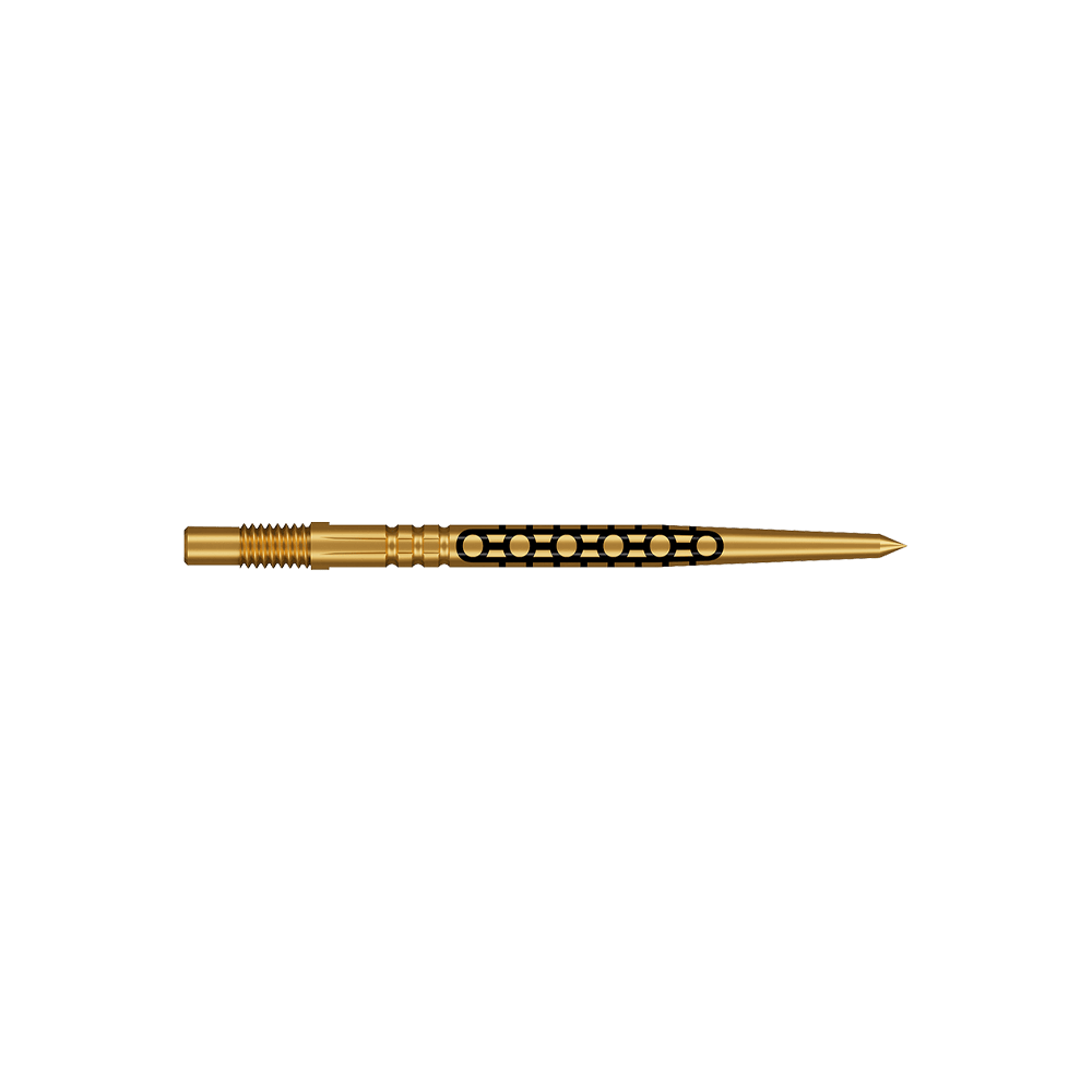 Špičky na šipky Shot Turbo Point Goths - zlaté Zwei kurze Dartspitzen in glänzender Goldfarbe werden dargestellt. Sie haben ein feines, geriffeltes Design.