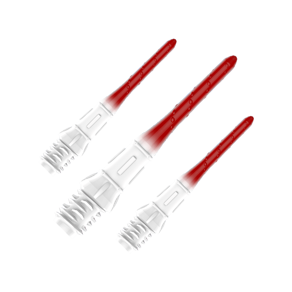 Špičky na šipky L-Style Premium s gradačním hrotem Lippoint (balení 30 kusů) Das Bild zeigt drei hochwertige Dartspitzen mit einem Farbverlauf von Weiß zu Rot. Die Spitzen sind ordentlich nebeneinander angeordnet und haben eine glänzende Oberfläche.
