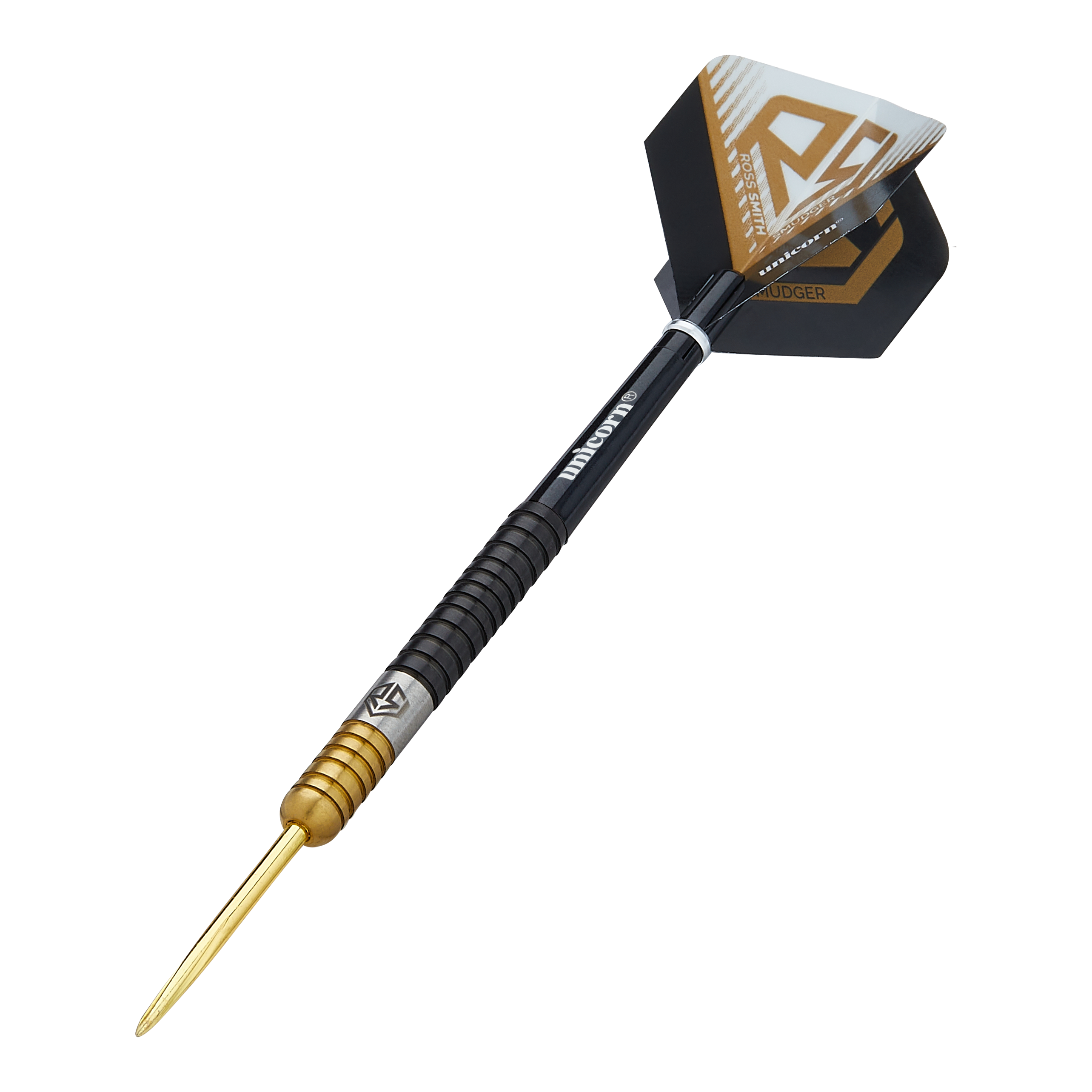 Šipky Unicorn Ross Smith dvoubarevné ocelové Dies ist ein Steeldart namens "Unicorn Ross Smith Two-Tone Steeldarts". Er hat eine goldene Spitze, einen zweifarbigen Griff und schwarze Flights mit gold-weißen Akzenten.