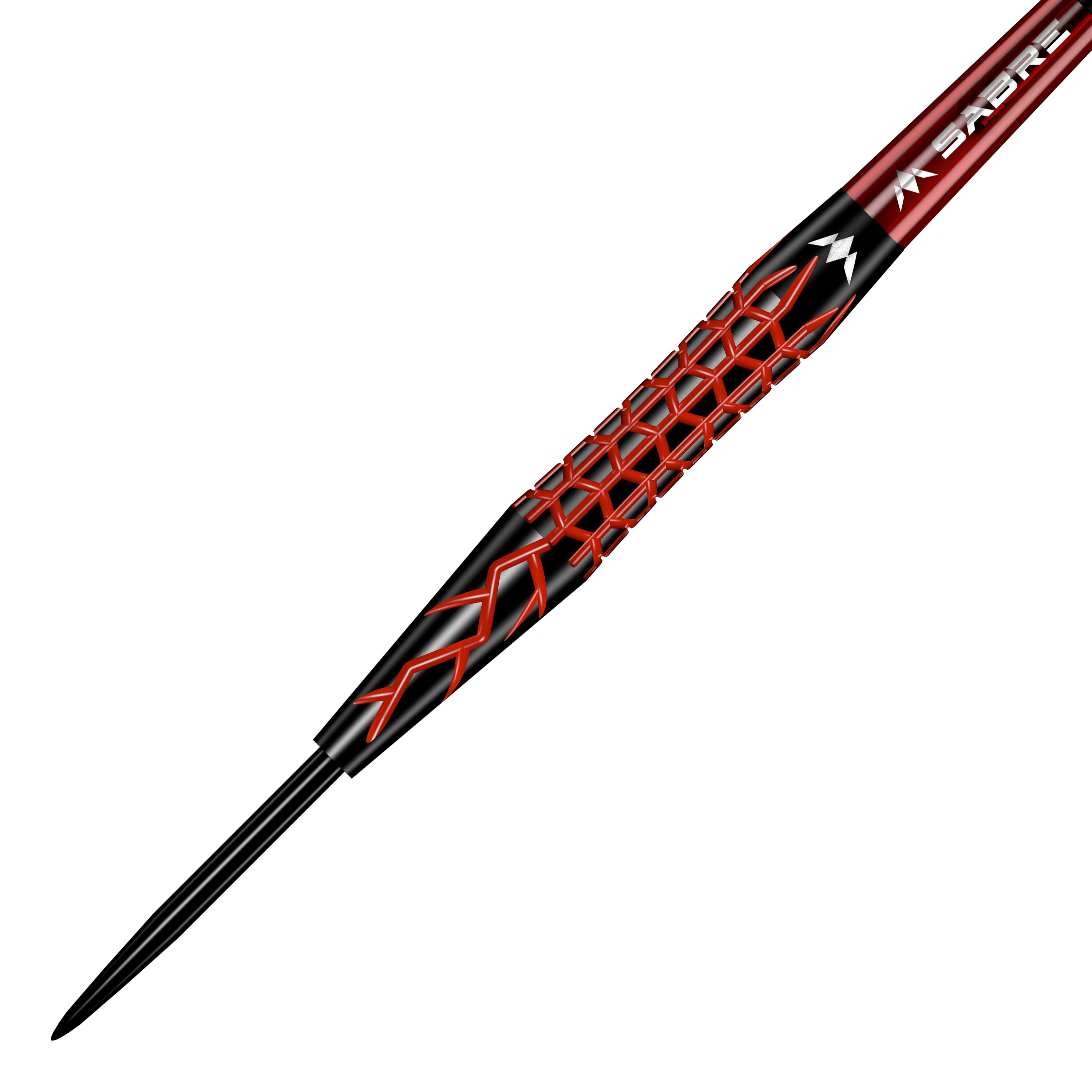 Mise Lava Steeldarts Das Bild zeigt einen Mission Lava Steeldart. Der Dart hat ein auffälliges schwarzes und rotes Design mit einem rautenförmigen Muster auf dem Griff.
