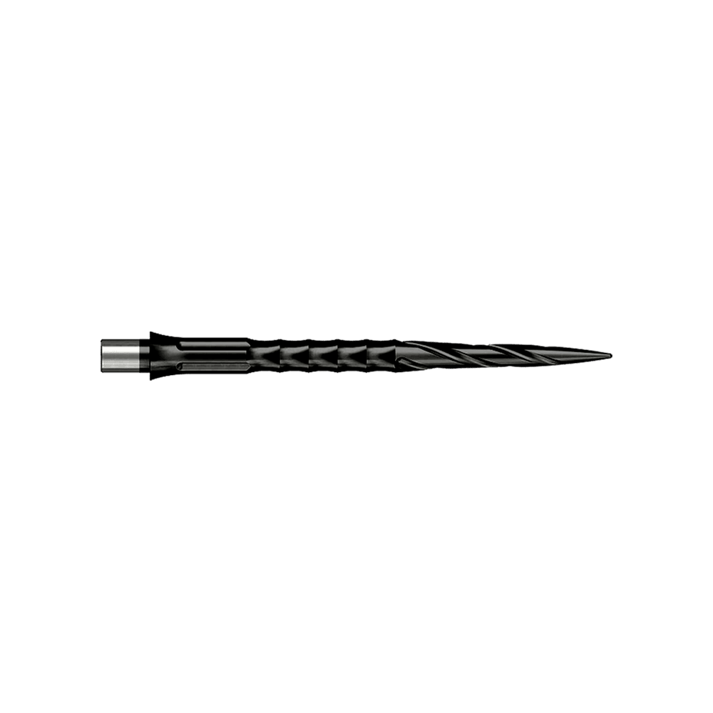 Ocelové hroty na šipky Caliburn System - Spiro - Bez rtu - Černé Hier sieht man eine Steeldartspitze des Caliburn Evo Systems, Modell Spiro NoLip Black, 36mm. Die Spitze ist schwarz und länger als die 32mm Variante.