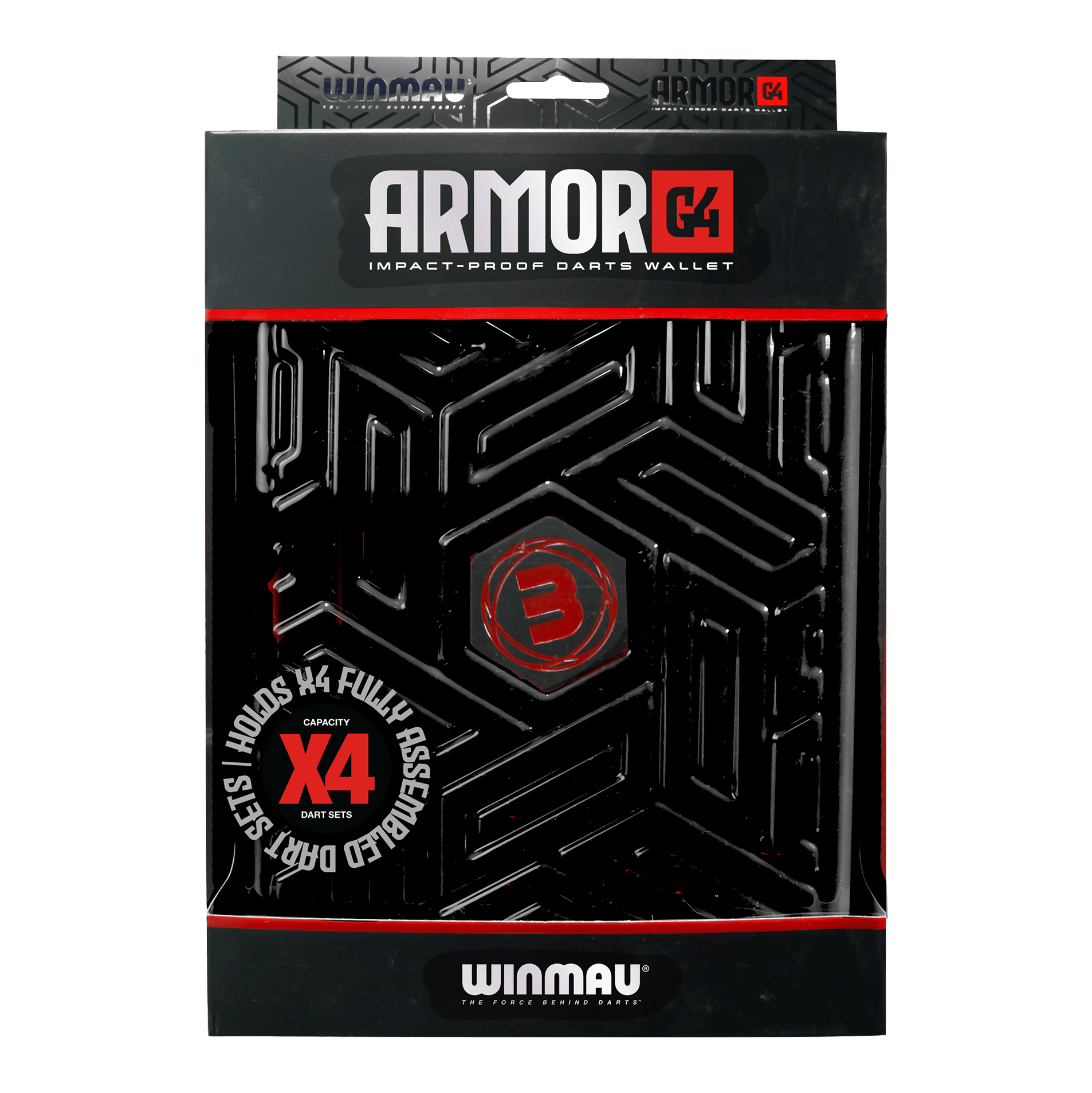 Winmau Armor G4 Dartwallet Auf dem Bild ist ein Winmau Armor G4 Dartwallet in Schwarz zu sehen. Die Verpackung zeigt, dass das Etui stoßfest ist und Platz für vier komplett montierte Dart-Sets bietet.