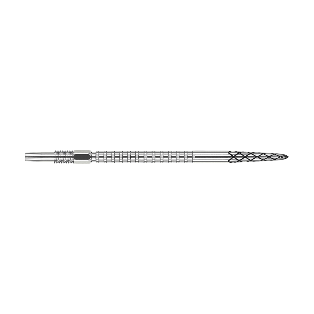 Dies ist eine silberne Dartspitze mit einem strukturierten Griff. Die Spitze ist 40 mm lang und hat ein rautenförmiges Muster am vorderen Ende.