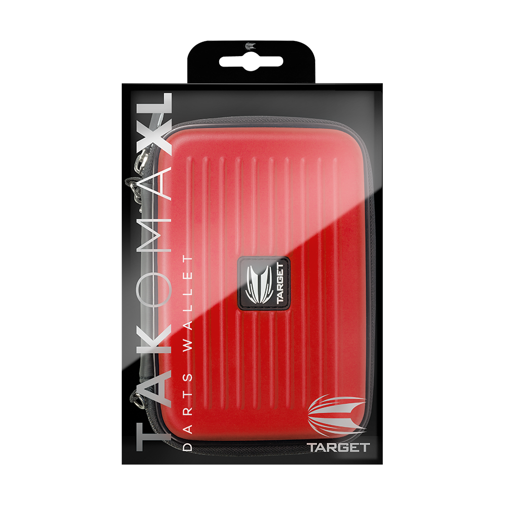 125855_Target_Takoma_XL_Dartwallet_Rot_3 Das Bild zeigt das Produkt "Target Takoma XL Dartwallet" in seiner Verpackung. Die Darttasche ist rot und hat ein kompaktes, geripptes Design mit einem Logo in der Mitte.