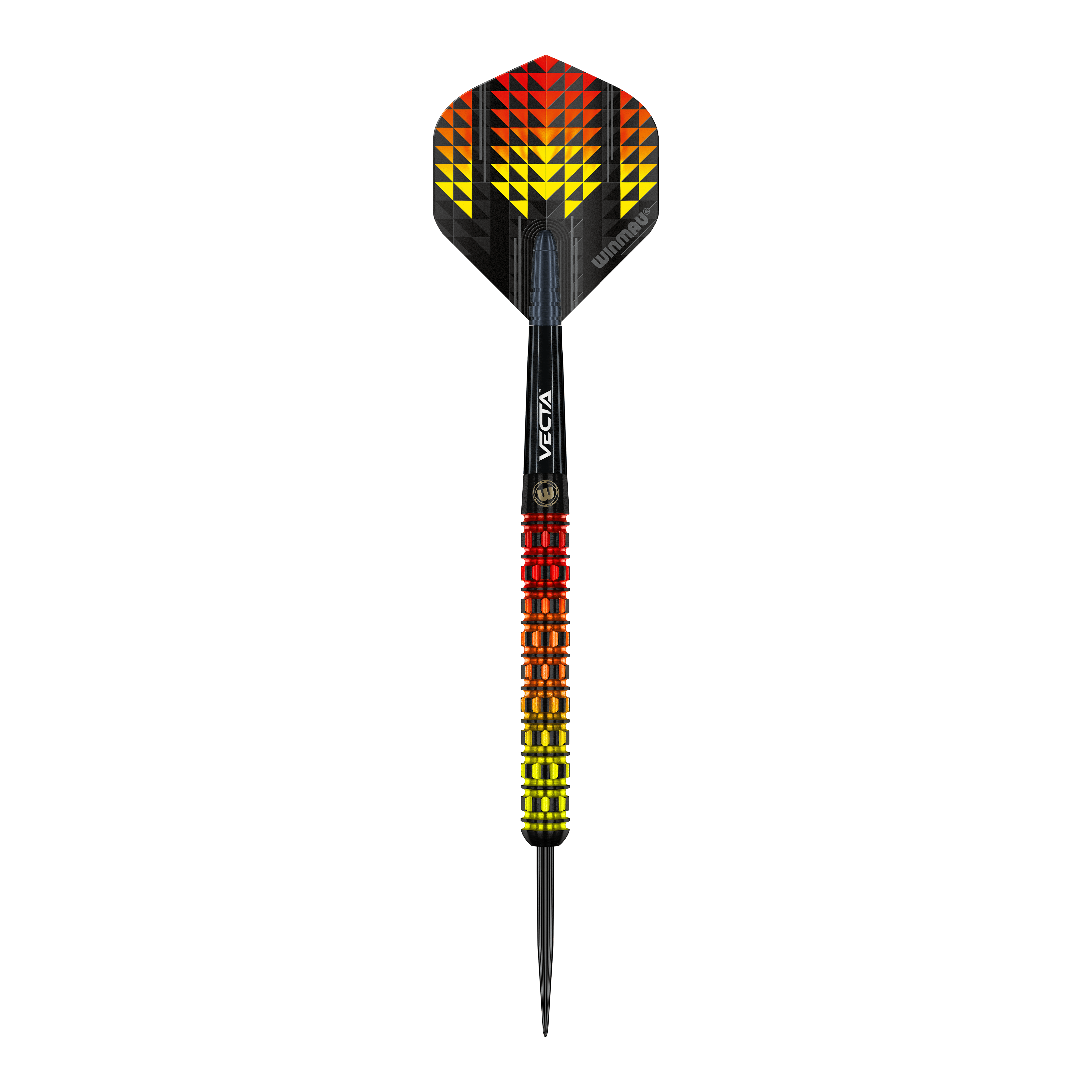 Winmau Firestorm Flame Parallel Steeldarts Der Winmau Firestorm Flame Parallel Steeldart hat ein auffälliges Design in Flammenfarben mit gelben, orangefarbenen und roten Akzenten. Der Schaft und Flight sind schwarz mit geometrischen Mustern, die an Feuer erinnern.
