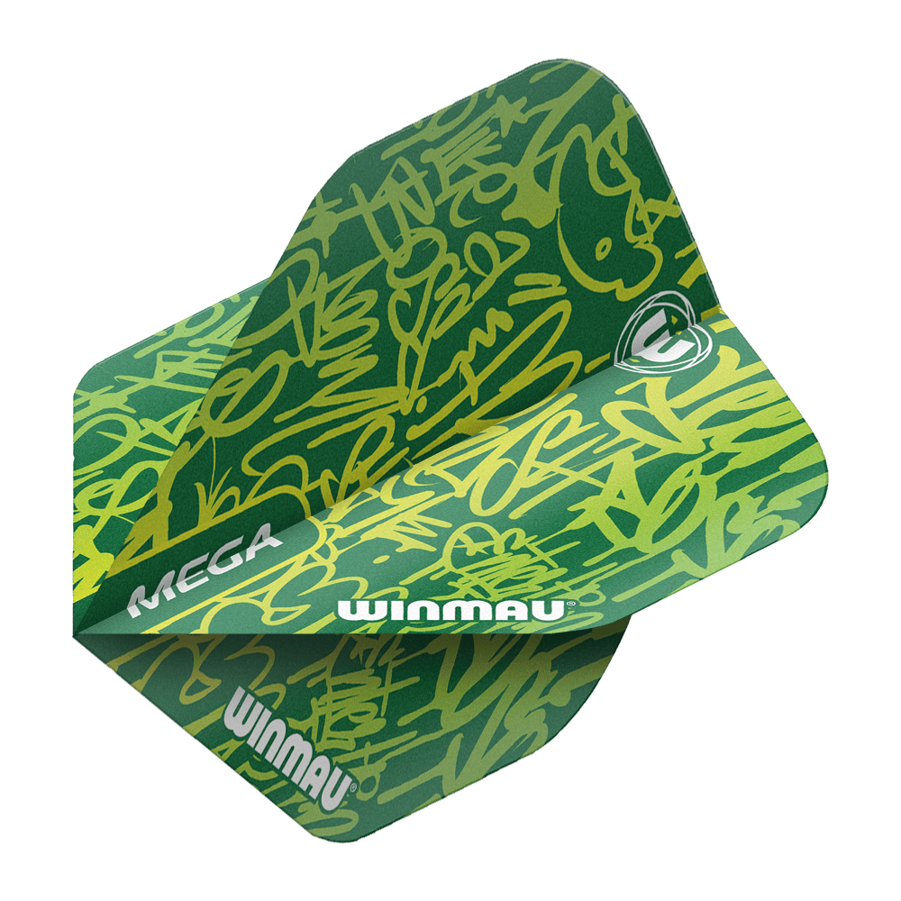 6900-241_Winmau_Mega_Green_Standard_Flights_2 Winmau Mega Green Standard Flights sind Dart-Flights mit auffälligem Muster. Die Farben und Formen sind modern arrangiert.