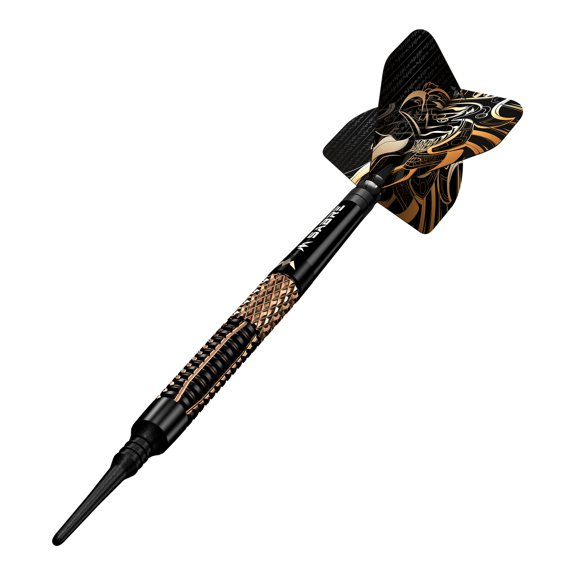 Šipky Mission Horus Softdarts - 19g Das Bild zeigt einen Mission Horus Softdart mit einem Gewicht von 19 Gramm. Der Dart hat ein auffälliges schwarzes und goldenes Design.