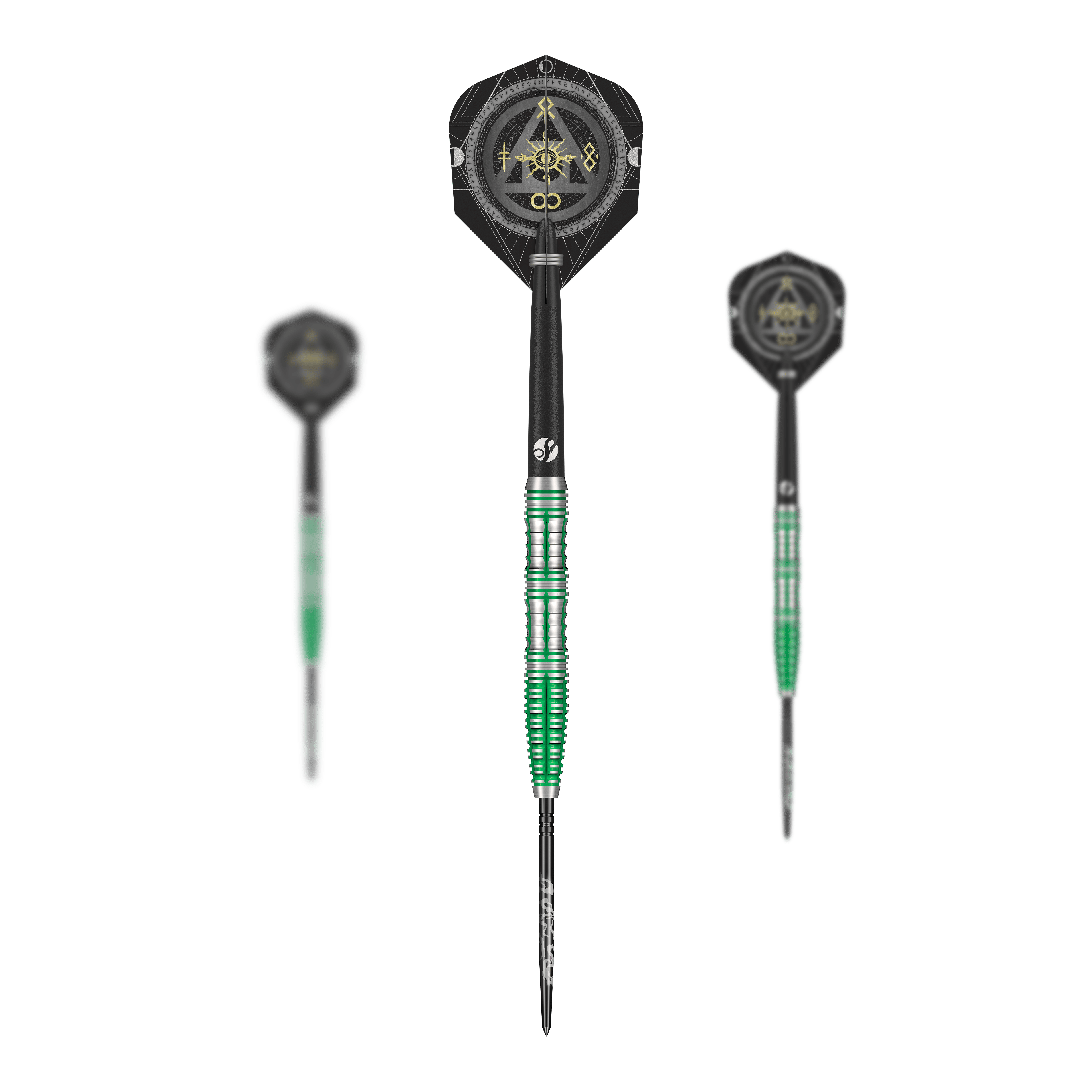 Shot Alchemy Mythril Turbo Point Steeldarts Zu sehen ist ein Set Shot Alchemy Mythril TurboPoints Steeldarts. Die Darts sind zusammen abgebildet.
