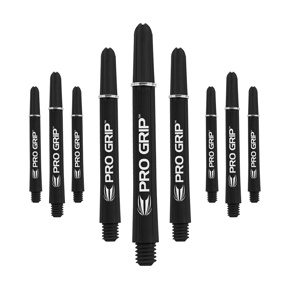 Target Pro Grip Shafts - 3 sady - Black Auf dem Bild sind neun schwarze Pro Grip Dartschäfte zu sehen. Sie sind in drei Reihen angeordnet und auf jedem Schaft steht "PRO GRIP" in weißer Schrift.