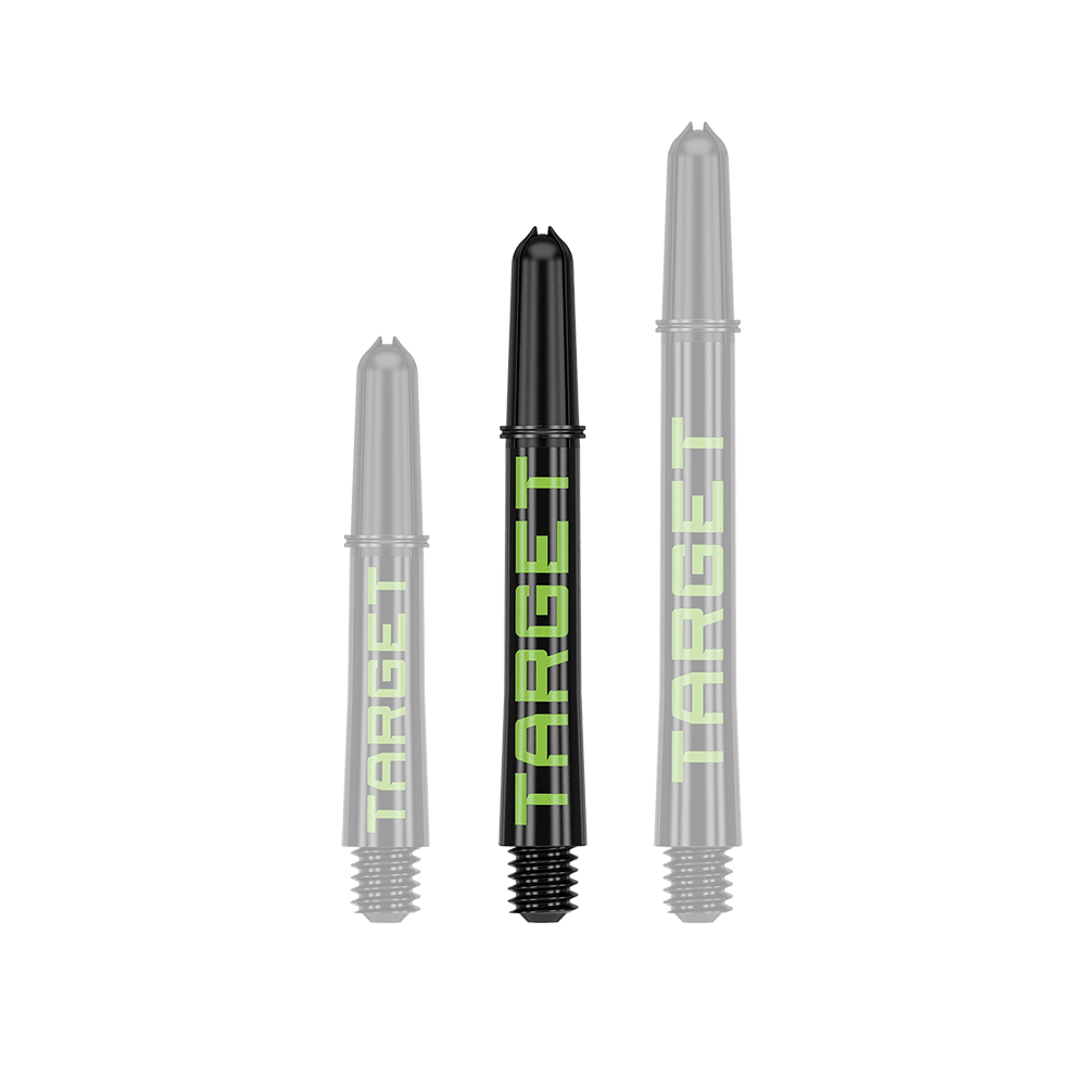 Target Pro Grip TAG Shafts - 3 sady - černo-zelené Auf dem Bild sind drei schwarze Dartschäfte in verschiedenen Längen zu sehen. Auf jedem Schaft steht das Wort "TARGET" in grüner Schrift.