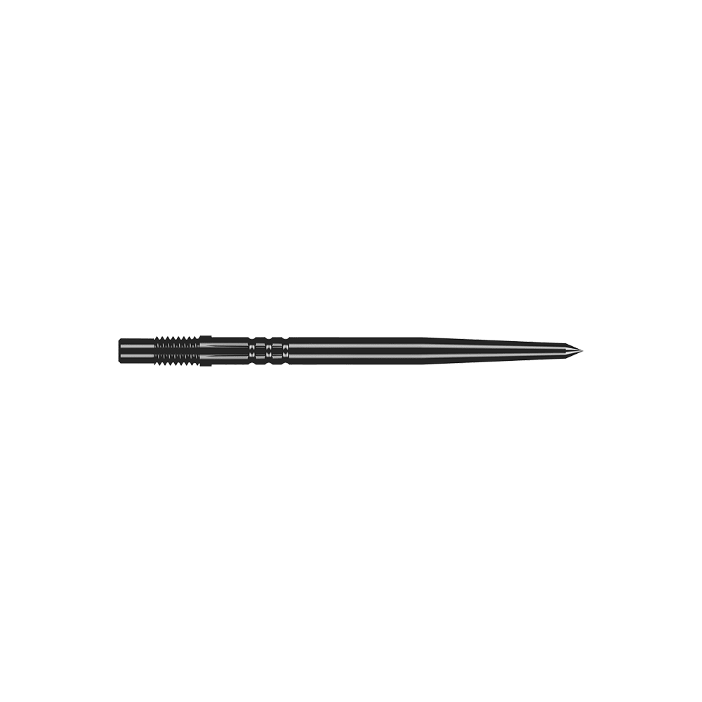 Špičky na šipky Shot Turbo Point - černé Ein Paar schwarze Turbo-Dartspitzen mit glatter Oberfläche ist abgebildet. Die Spitzen sind gerade und fein gearbeitet.