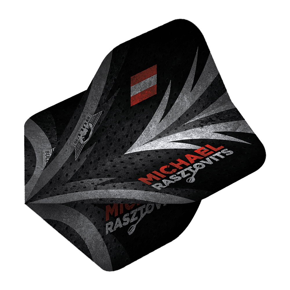 BU50860_Bulls_Powerflite_Rasto_Erode_No6_Flights_2 Das Bild zeigt ein Dartflight mit dem Namen "Bulls Powerflite Rasto Erode No6 Flights". Das Design ist überwiegend schwarz mit silbernen und roten Akzenten sowie dem Namen "Michael Rasztovits".