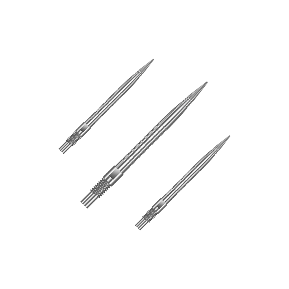 Špičky na šipky Harrows Quick Point Micro Ridge - stříbrné Eine Verpackung mit mehreren Harrows Quick Point MicroRidge Dartspitzen in Silber mit 26 mm Länge ist abgebildet. Die Dartspitzen sind zur besseren Ansicht gruppiert.