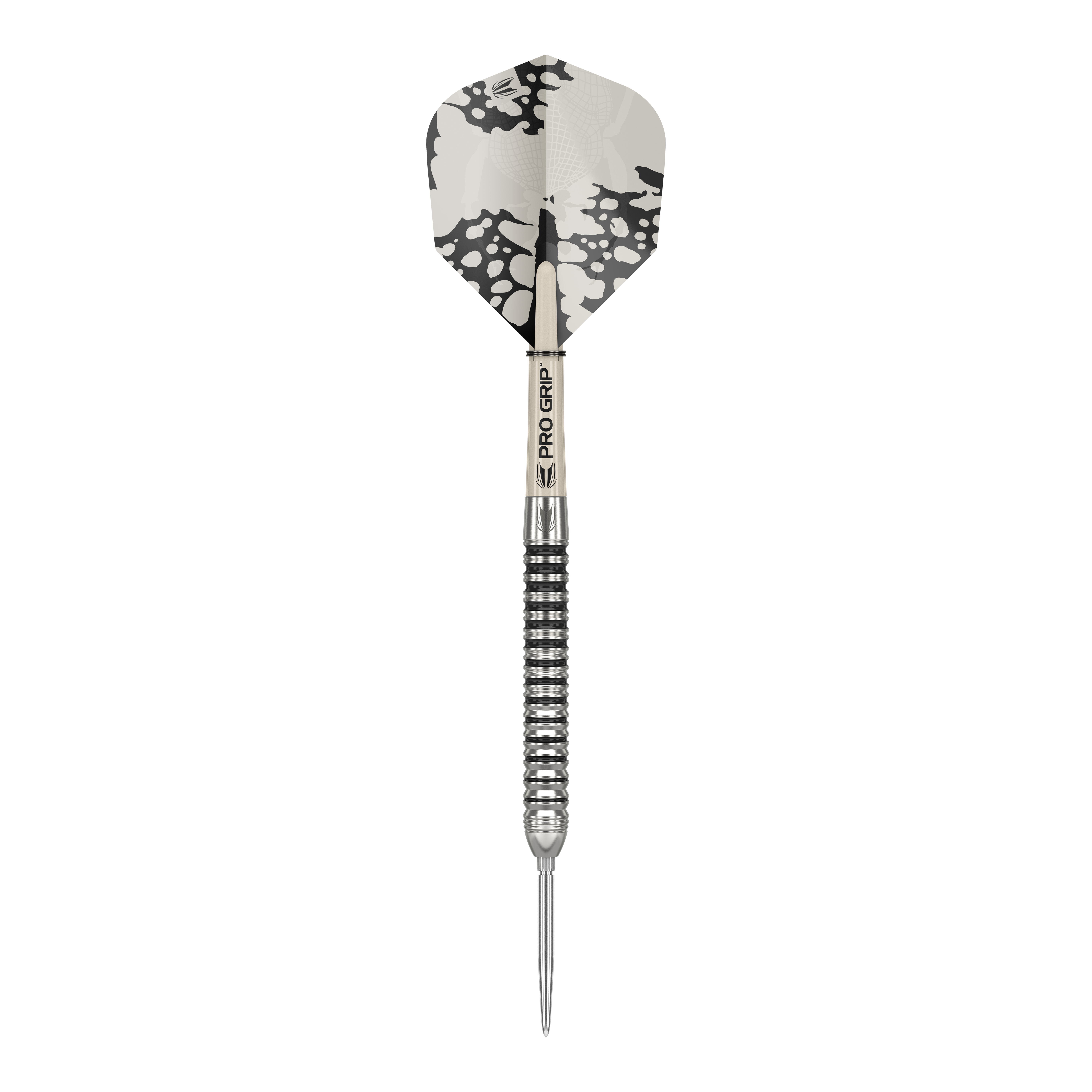 Ocelové šipky Target EXO SP01 Swiss Point Das Bild zeigt einen Target EXO SP01 Swiss Point Steeldart. Der Dartpfeil hat ein schwarz-silbernes Design mit einer auffälligen schwarz-weißen Flight.