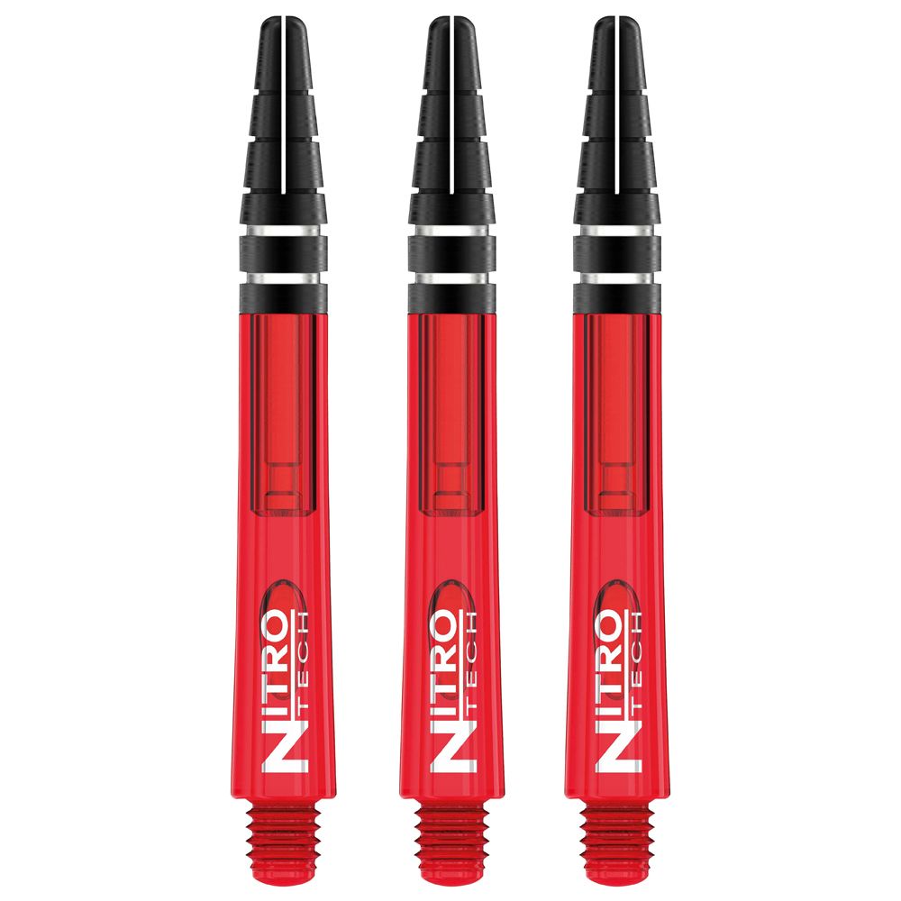 C449_Nitrotech_Medium_Red_V Das Bild zeigt drei rote RedDragon Nitrotech Shafts für Dartpfeile. Auf jedem Schaft steht in weißen Buchstaben "NITRO TECH".
