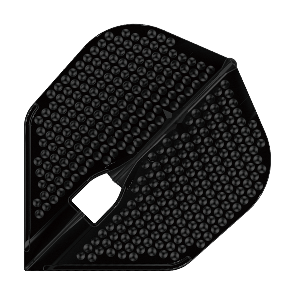 Letky ve stylu L Dimple Champagne Tvar L3PRO Das Bild zeigt ein schwarzes Dart-Flight mit Noppenstruktur. Es handelt sich um das Modell "L-Style Flights Dimple Champagne L3PRO Shape".