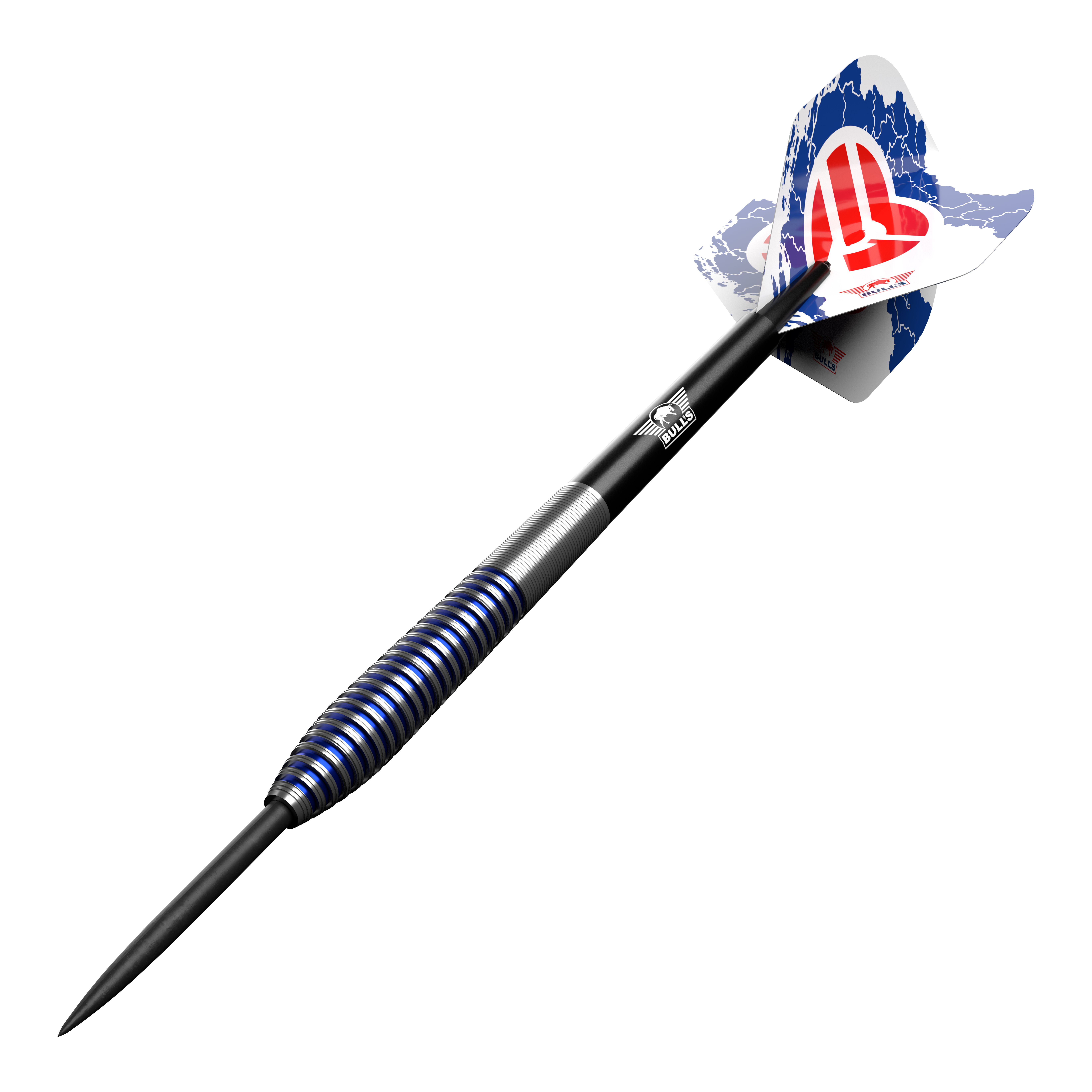 Ocelové šipky Bulls NL Romeo Grbavac - 23g Das Bild zeigt einen Steeldart aus der Serie "Bulls NL Romeo Grbavac" mit einem Gewicht von 23 Gramm. Der Dart hat ein modernes Design mit blauen und silbernen Ringen sowie einem bedruckten Flight.