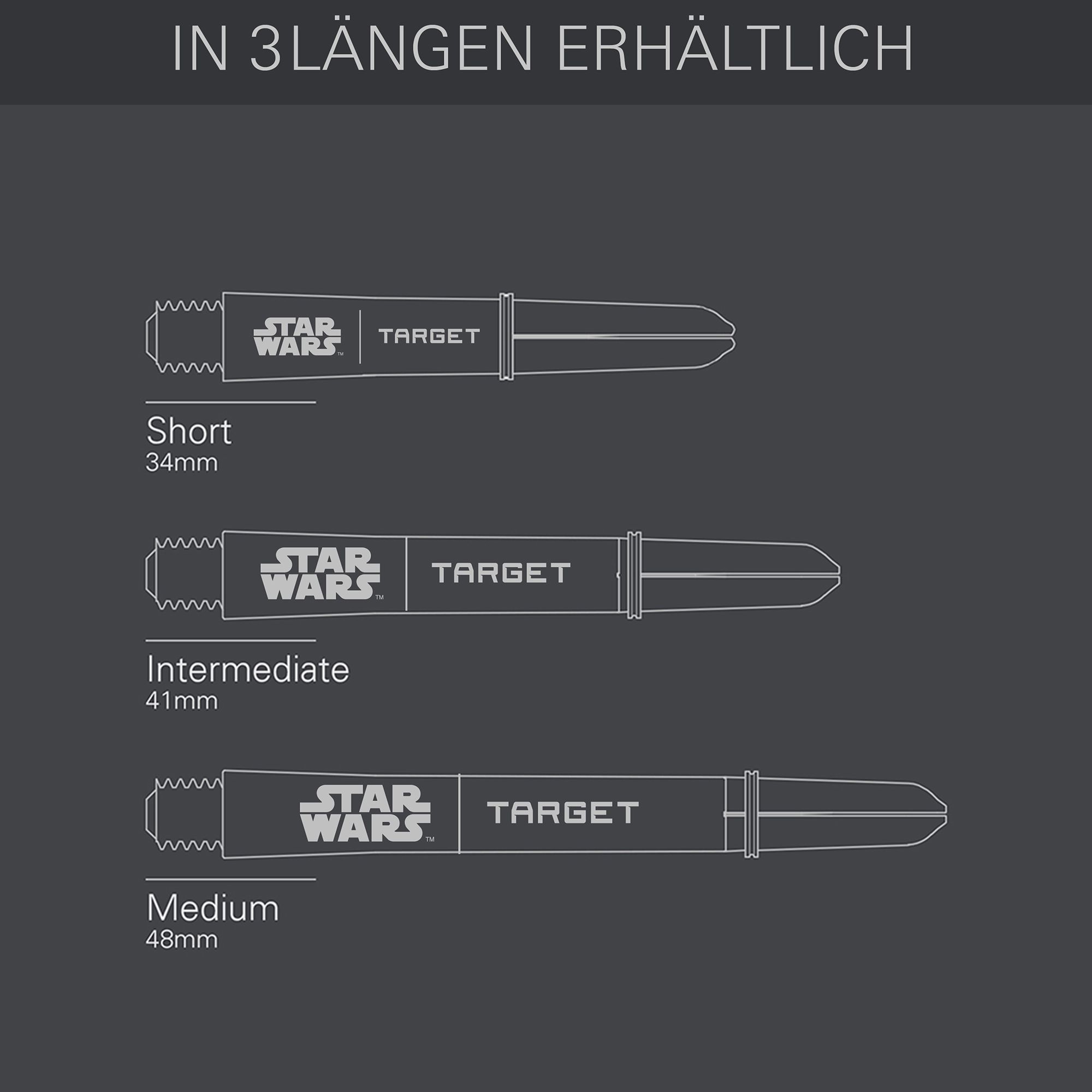 Násadky Target Star Wars ProGrip - šedé Target Star Wars ProGrip Shafts - Grau sind auf diesem Bild zu sehen. Die Dartschäfte sind in grauer Farbe dargestellt.