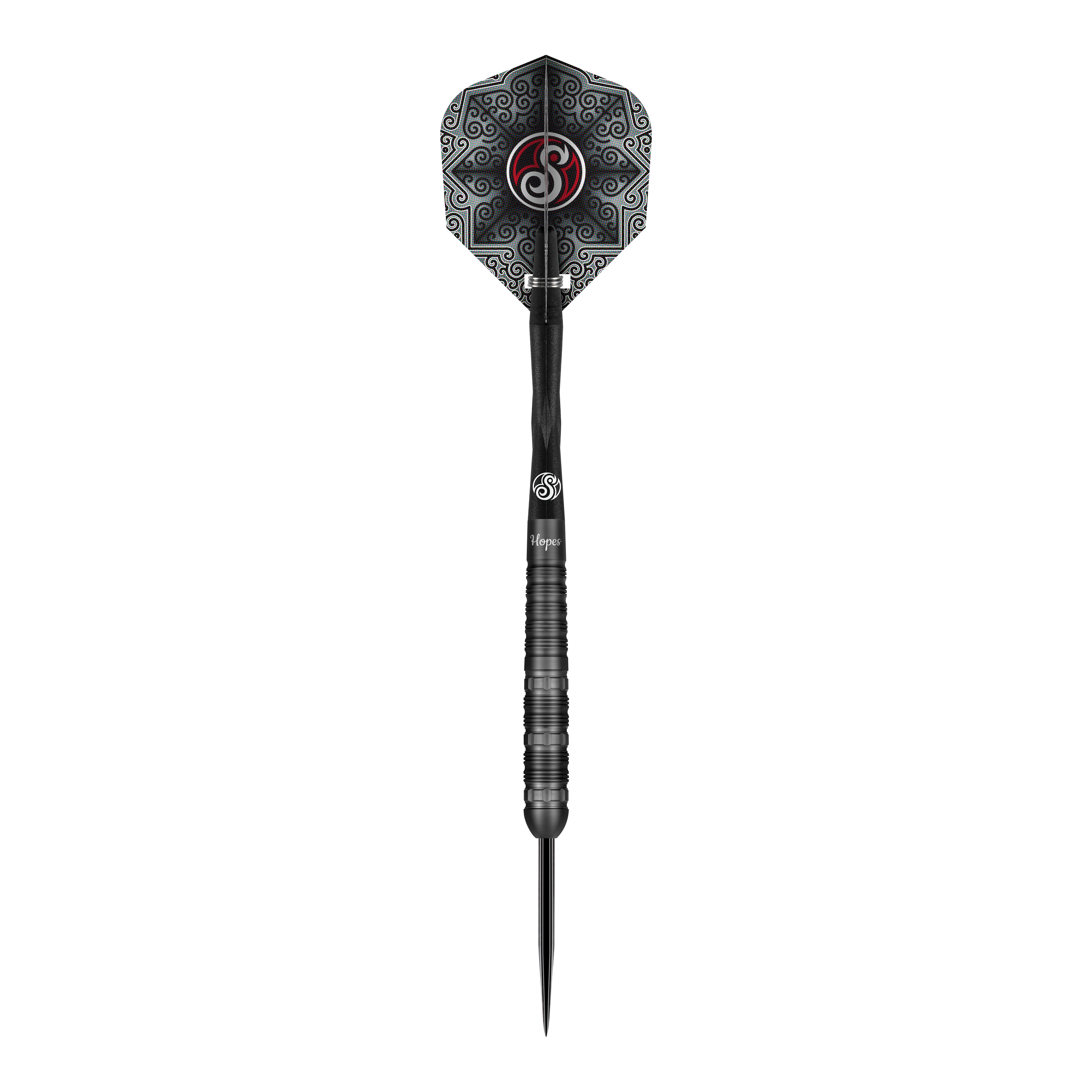 Šipky Shot Pro-Series Haupai Puha 2 ocelové - 24g Das Bild zeigt einen Shot Pro-Series Haupai Puha 2 Steeldart mit einem Gewicht von 24g. Der Dart ist schwarz und hat ein auffälliges, gemustertes Flight-Design.