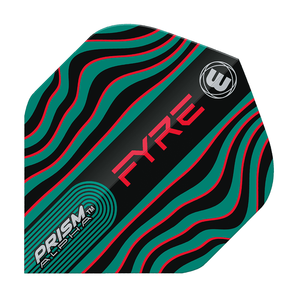6915-708_Winmau_Prism_Alpha_Fyre_BlackTurquoiseRed_Standard_Flights_1YzIRDvWHWB5rj Dieses Bild zeigt das Produkt "Winmau Prism Alpha Fyre BlackTurquoiseRed Standard Flights". Das Flight-Design ist schwarz mit wellenförmigen türkisfarbenen und roten Linien sowie auffälligen Schriftzügen.