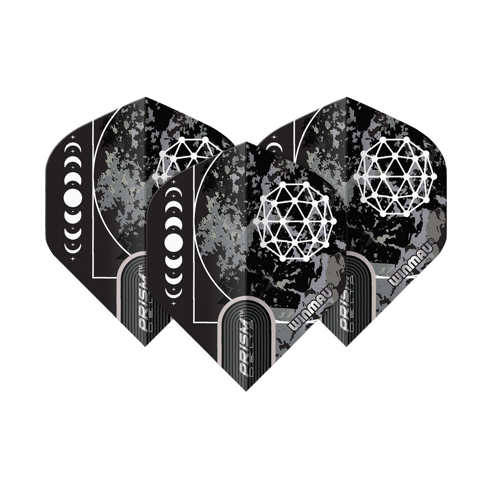 Standardní letky Winmau Prism Delta Callisto No2 Das Bild zeigt die Winmau Prism Delta Callisto No2 Standard Flights. Sie sind schwarz mit einem geometrischen weißen Muster und einer Mondphasen-Grafik gestaltet.