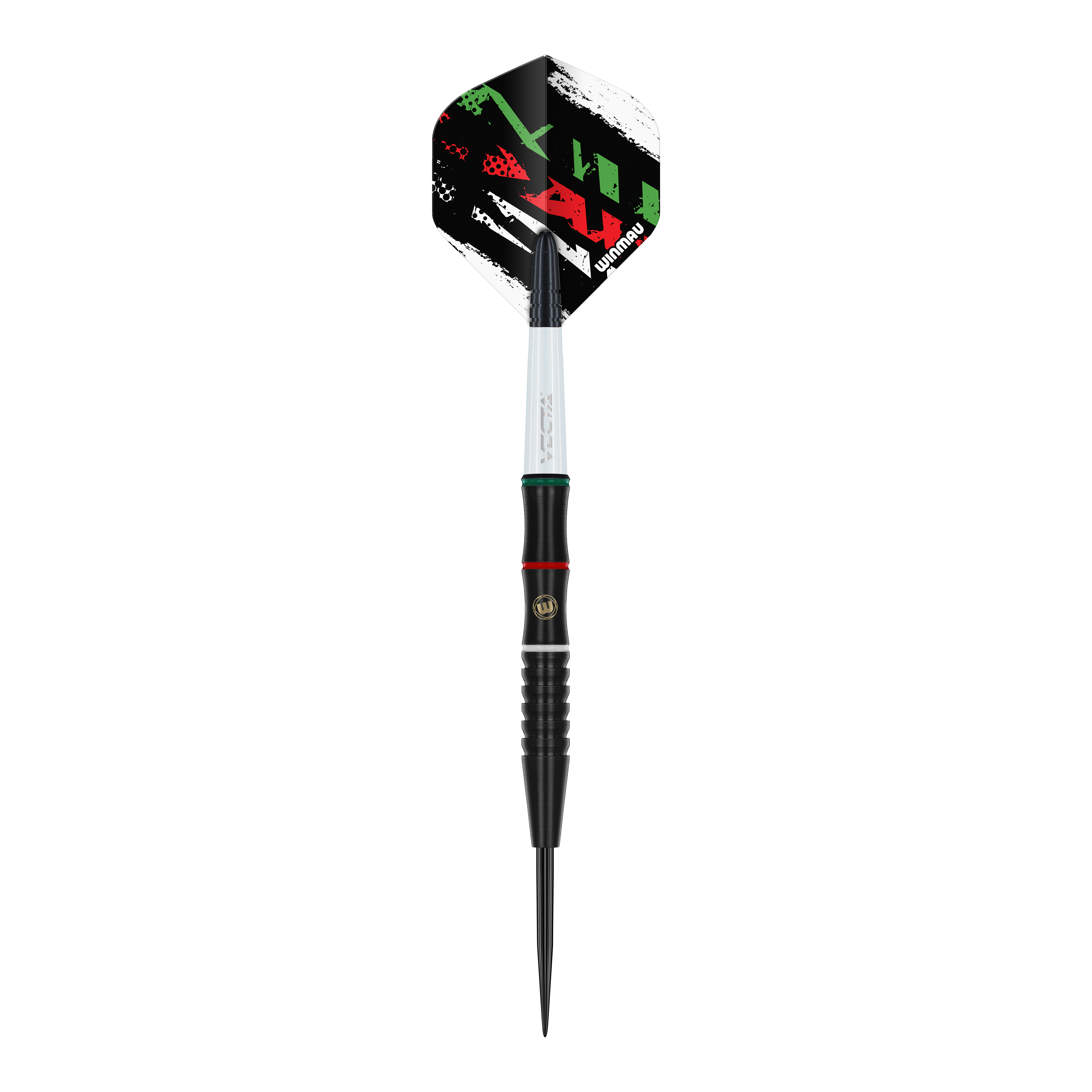 Das Bild zeigt einen Winmau Peter Wachuri Steeldart mit einem Gewicht von 22 Gramm. Der Dart hat ein schwarzes Design mit roten, grünen und weißen Akzenten auf der Flights.