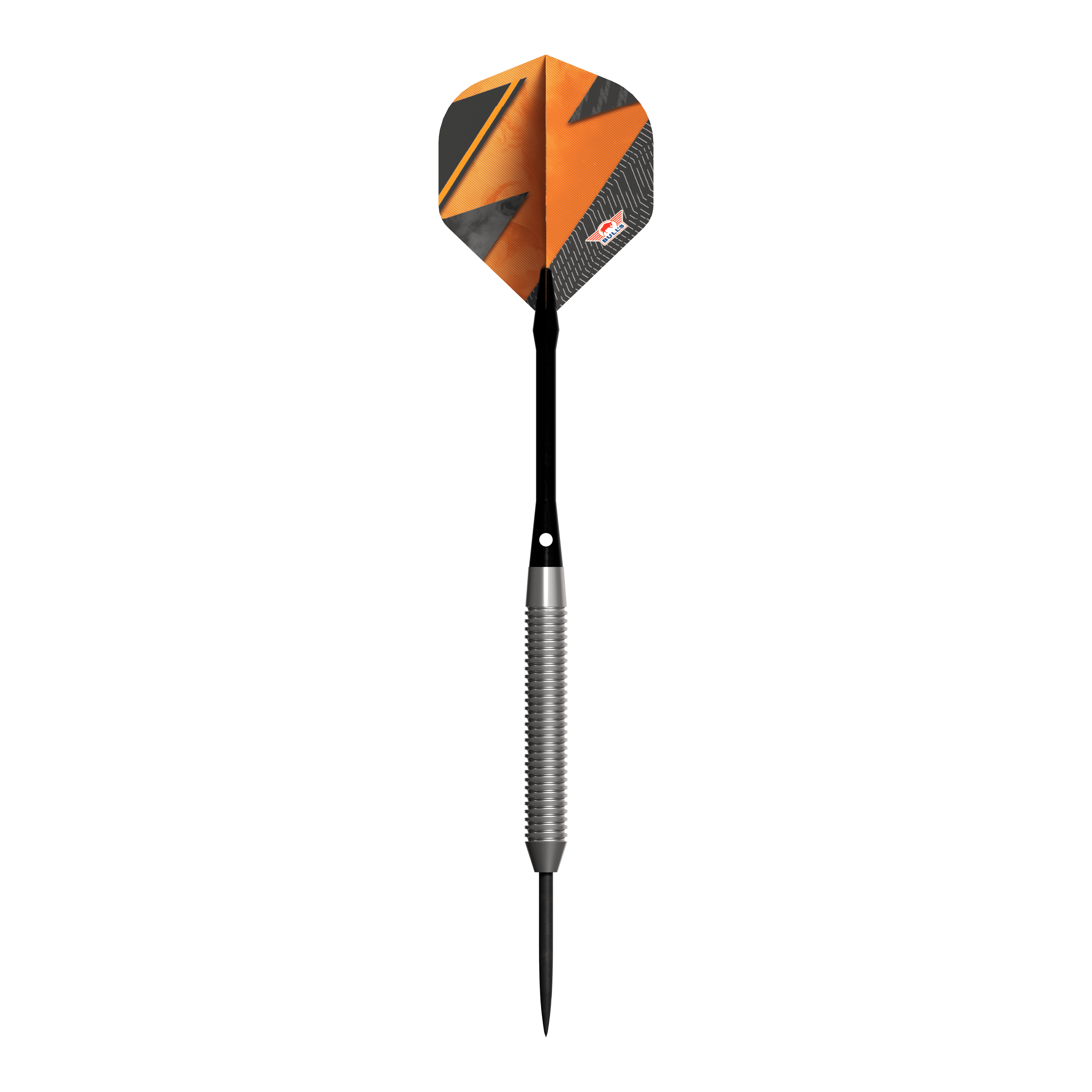 Šipky Bulls NL Lightning Orange Steel Darts Das Bild zeigt den Steeldart "Bulls NL Lightning Orange" mit einer auffälligen orangenen und schwarzen Flight. Der Schaft ist silberfarben und geriffelt, während die Dartspitze schwarz ist.