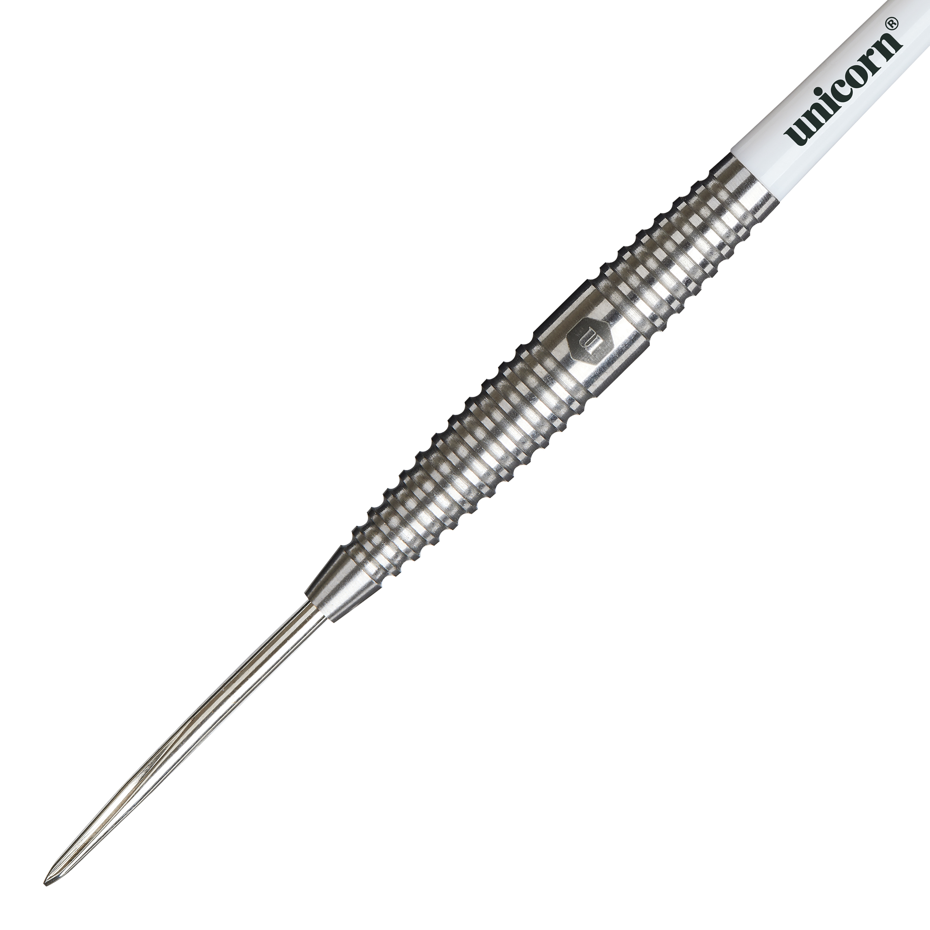 Das Bild zeigt einen silbernen Steeldart mit dem Namen "Unicorn Contender Benjamin Drue Reus - 24g". Auf dem Schaft ist deutlich der Markenname "unicorn" zu sehen.