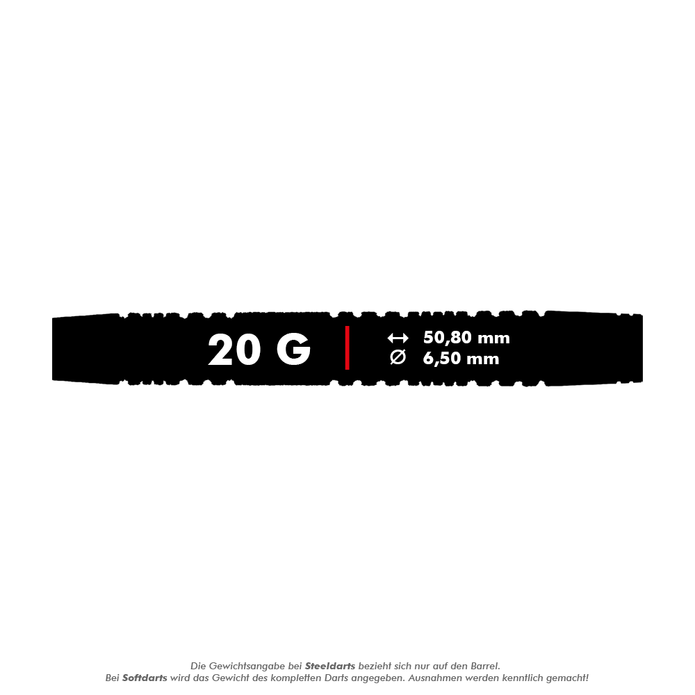 Šipky Red Dragon Peter Wright Double World Champion SE Gold Plus Softdarts - 20g Das Bild zeigt einen Softdart mit einem Gewicht von 20 Gramm. Die Länge beträgt 50,80 mm und der Durchmesser 6,50 mm.