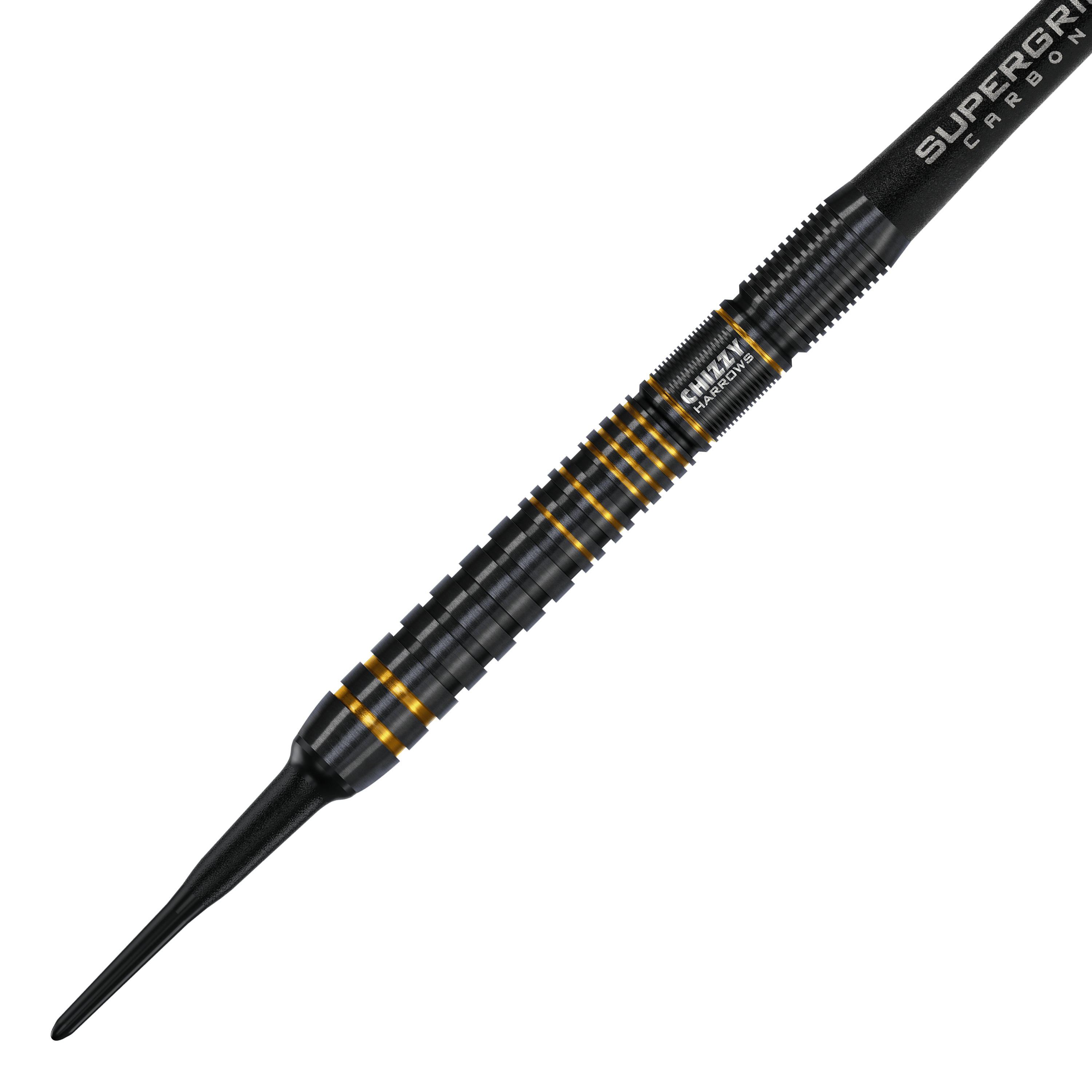 Měkké šipky Harrow's Dave Chisnall Chizzy Series 3 Das Bild zeigt einen Harrows Dave Chisnall Chizzy Series 3 Softdart. Der Dartpfeil ist schwarz mit goldenen Akzenten und hat ein geriffeltes Griffdesign.