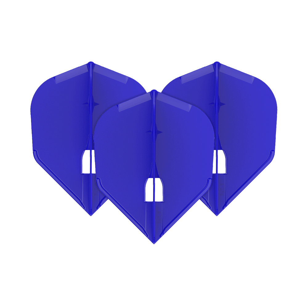 Auf dem Bild sind drei blaue Dart-Flights zu sehen. Sie sind nebeneinander angeordnet und haben eine standardisierte, breite Form.