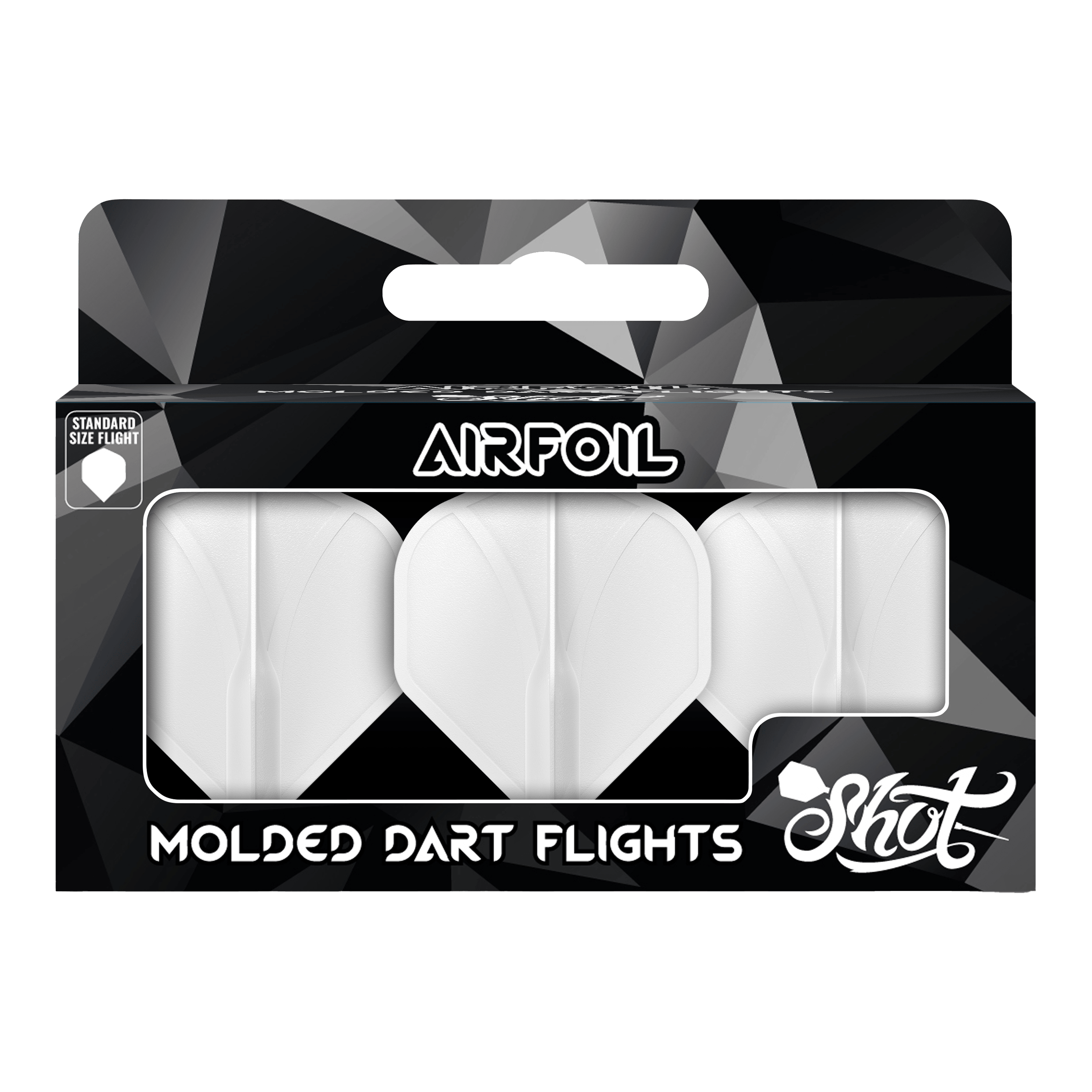 Standardní letky Shot Airfoil Molded No2 Die Verpackung zeigt drei weiße, geformte Dart-Flights der Marke Shot. Auf der Vorderseite steht „Airfoil – Molded Dart Flights“ in großen Buchstaben.